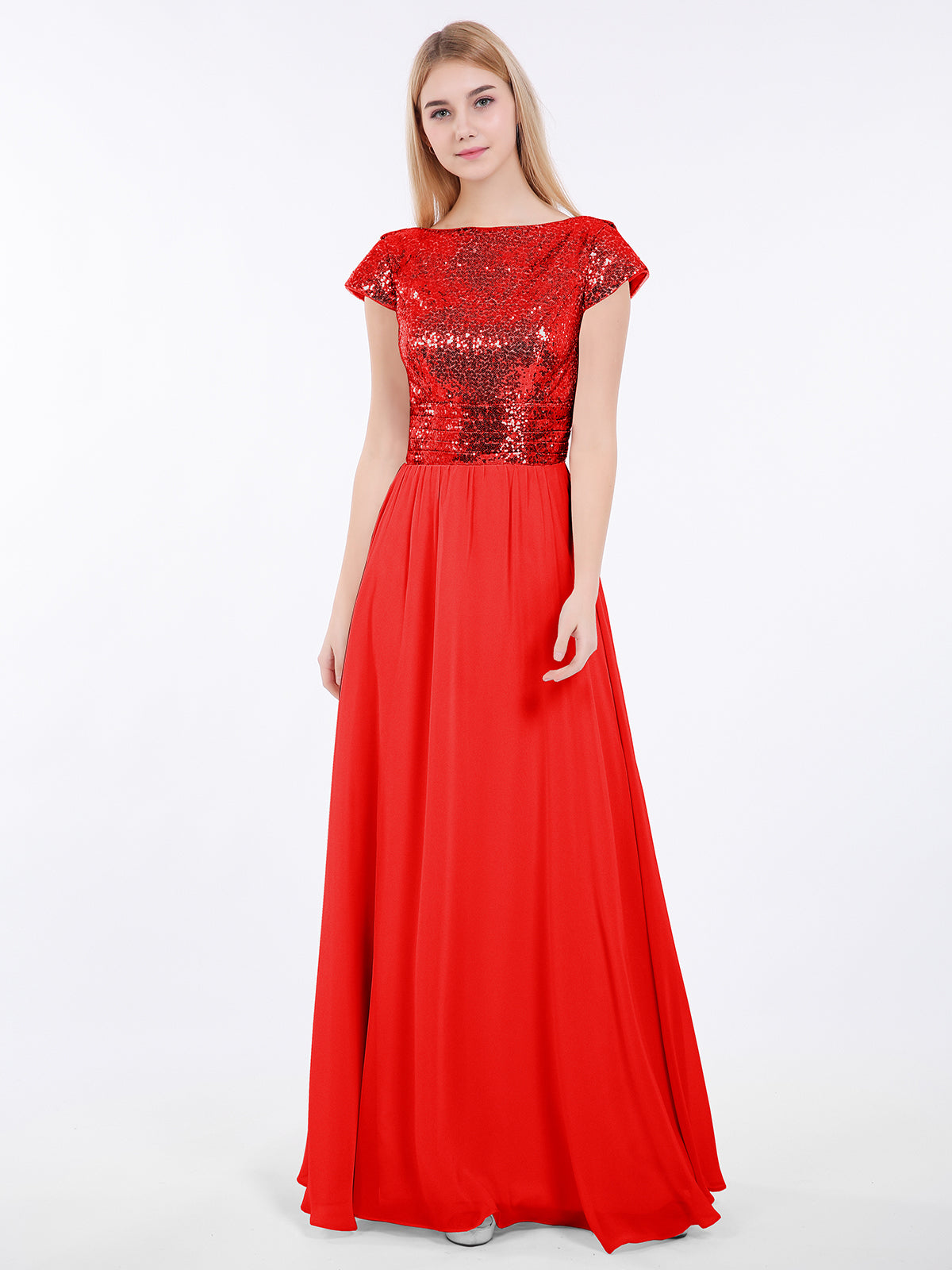 BABARONI Sequins Long Dress with Cap Sleeves Red Plus Size, Red / US18 BABARONI Sequins Long Dress with Cap Sleeves Red Plus Size, Red / US18