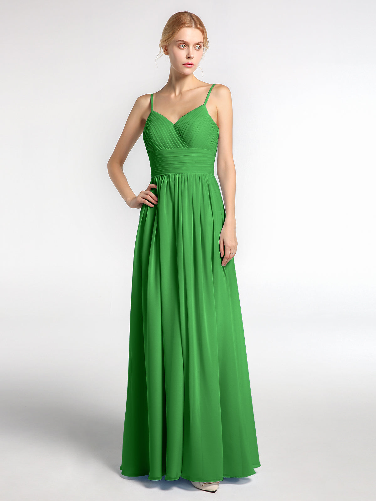 amaya green dress BABARONI Chiffon Bridesmaid Dresses V-neck Floor-length Spaghetti Straps Ruched A-line, Green / US0 era:1980s