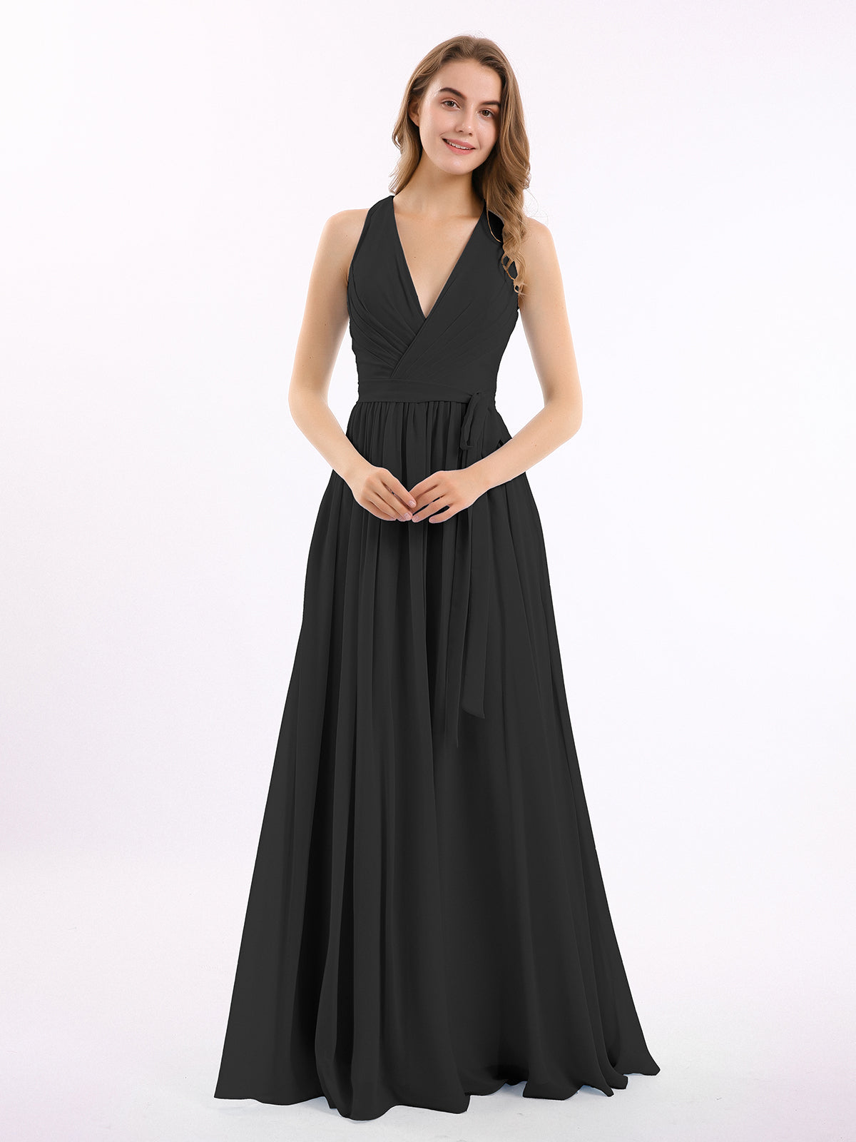 BABARONI Deep V Neckline Chiffon Dress with Sash Bow Black, Black / US0