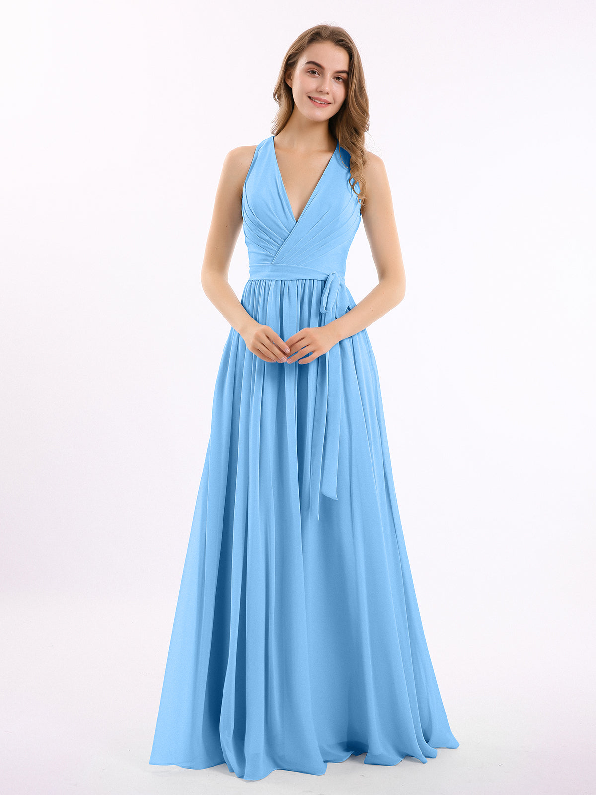 BABARONI Deep V Neckline Chiffon Dress with Sash Bow Blue, Blue / US0 BABARONI Deep V Neckline Chiffon Dress with Sash Bow Blue, Blue / US0
