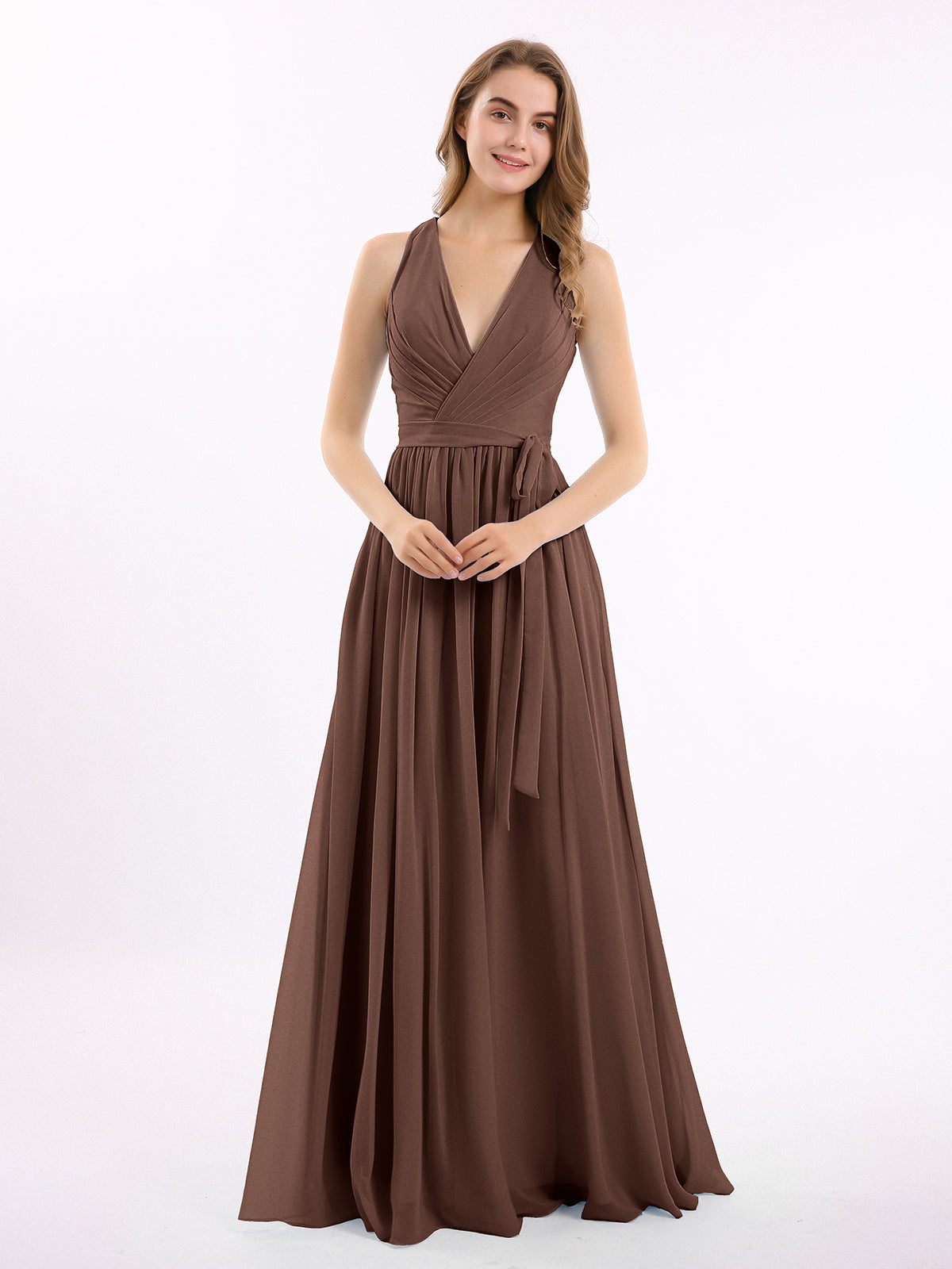 BABARONI Deep V Neckline Chiffon Dress with Sash Bow Chocolate, Chocolate / US0 BABARONI Deep V Neckline Chiffon Dress with Sash Bow Chocolate, Chocolate / US0