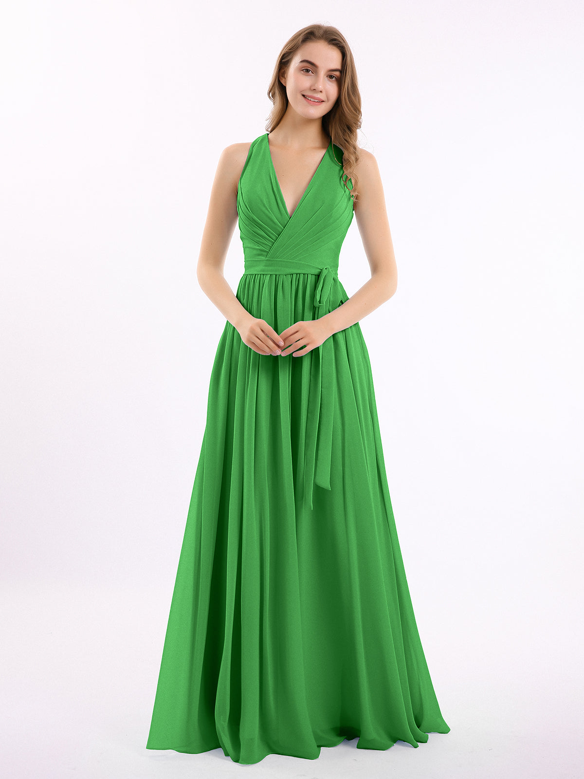 BABARONI Deep V Neckline Chiffon Dress with Sash Bow Green, Green / US0