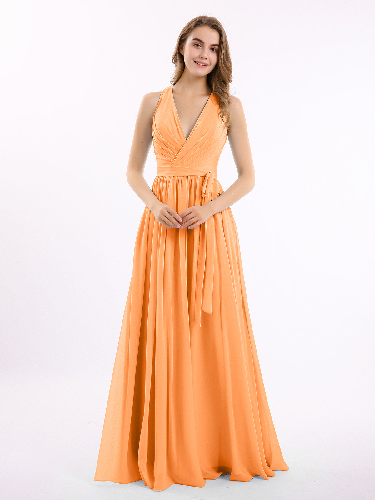 BABARONI Deep V Neckline Chiffon Dress with Sash Bow Orange, Orange / US0