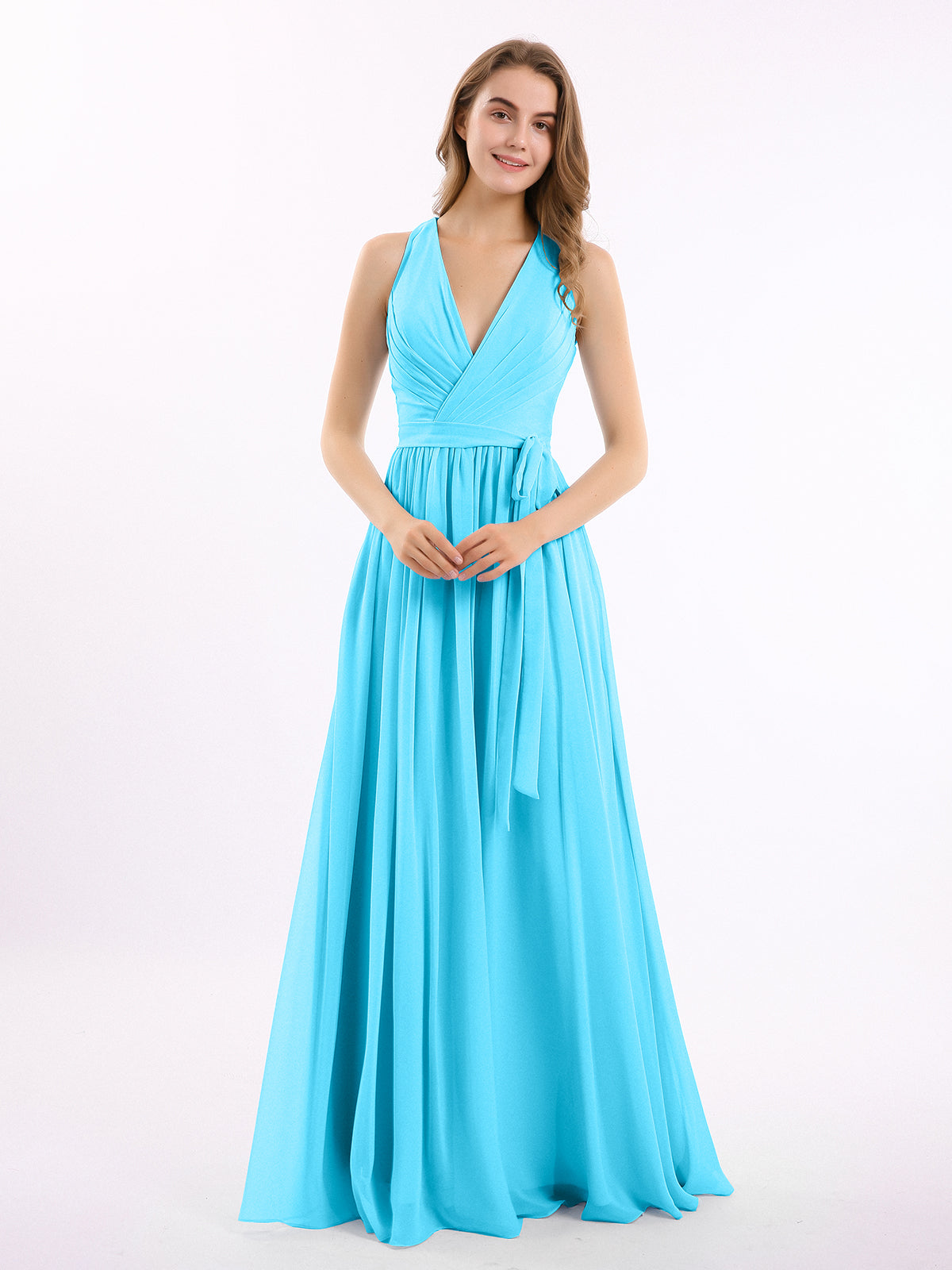 Full Deep V-neck Empire Waist Chiffon Dress Pool