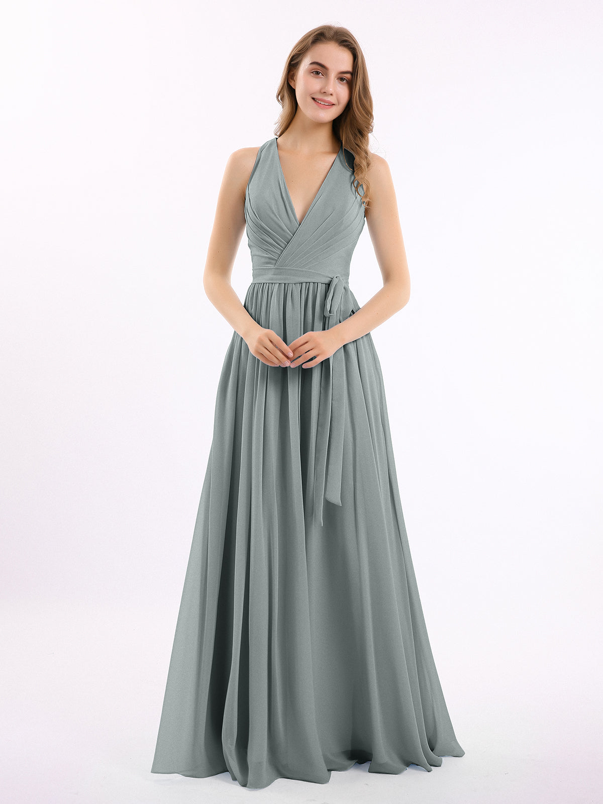 morning grey bridesmaid dress BABARONI Deep V Neckline Chiffon Dress with Sash Bow Steel Grey, Steel Grey / US0
