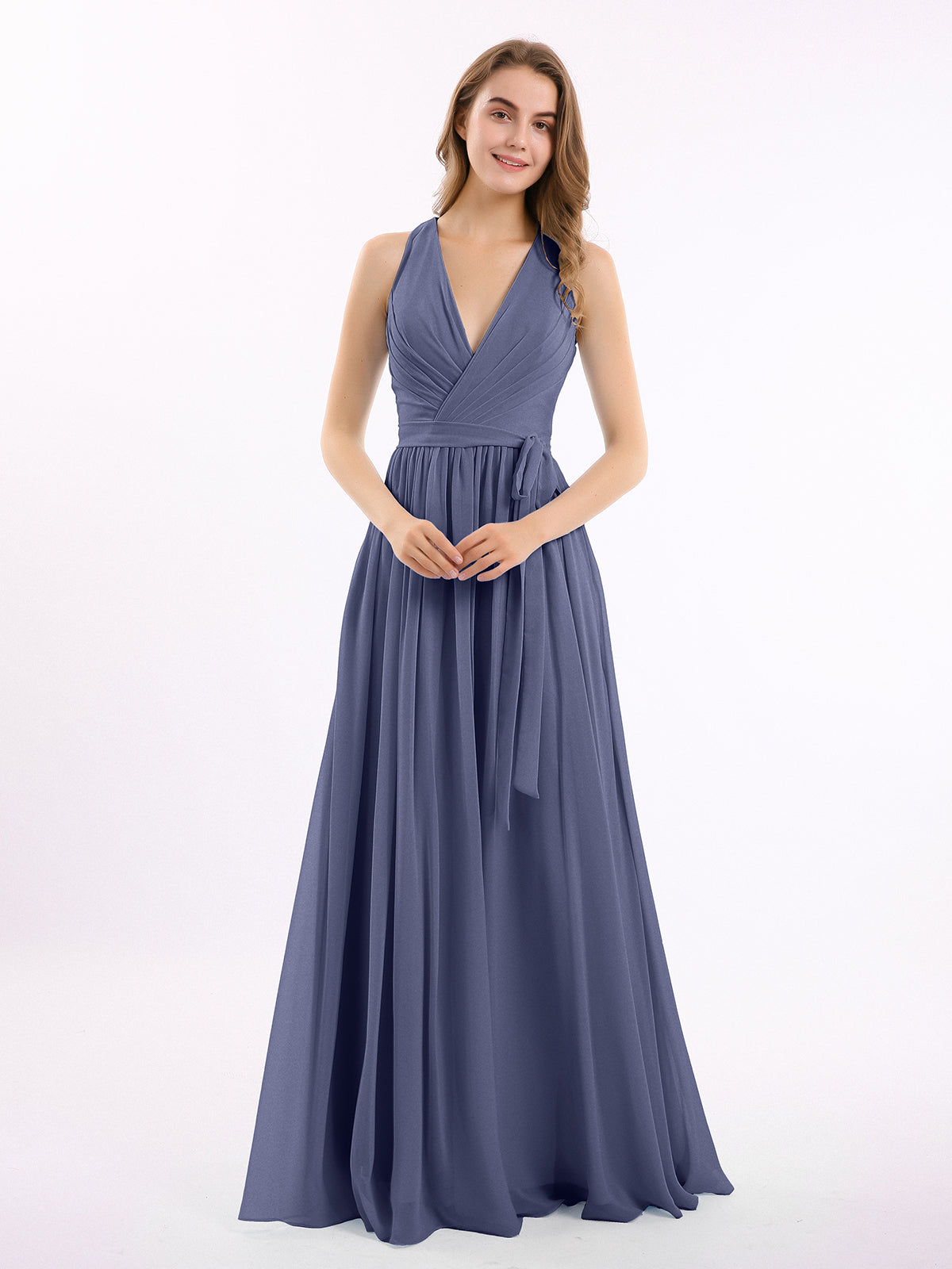 BABARONI Deep V Neckline Chiffon Dress with Sash Bow Stormy, Stormy / US0