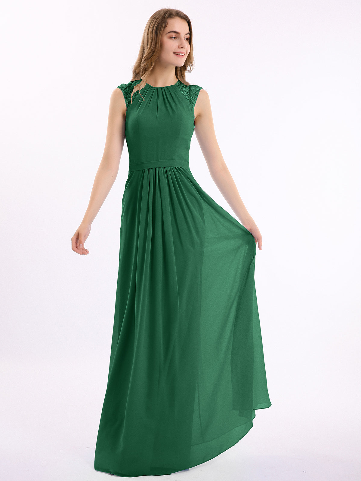 chinese dress ladies BABARONI Chiffon and Lace Open Back Full Length Dress Dark Green Plus size, Dark Green / US18