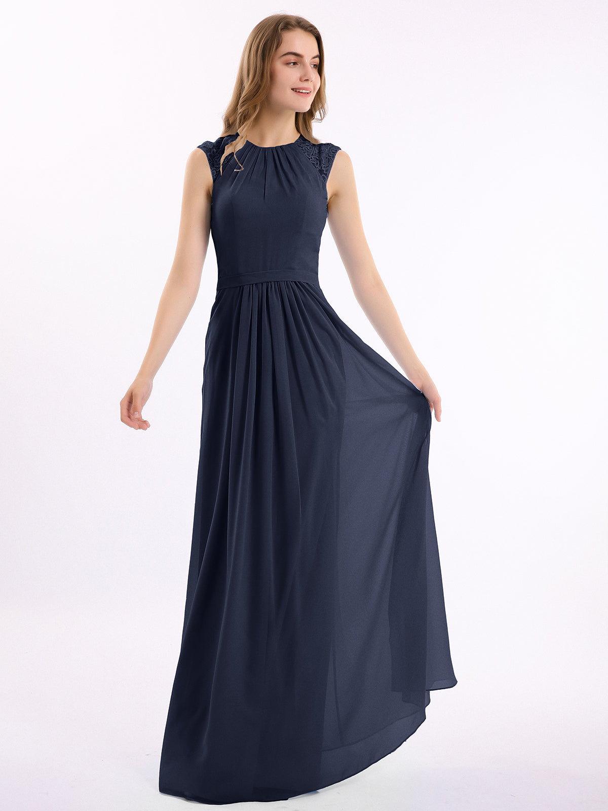 Lace Top Chiffon BUTTON Long Dresses Dark Navy Plus Size