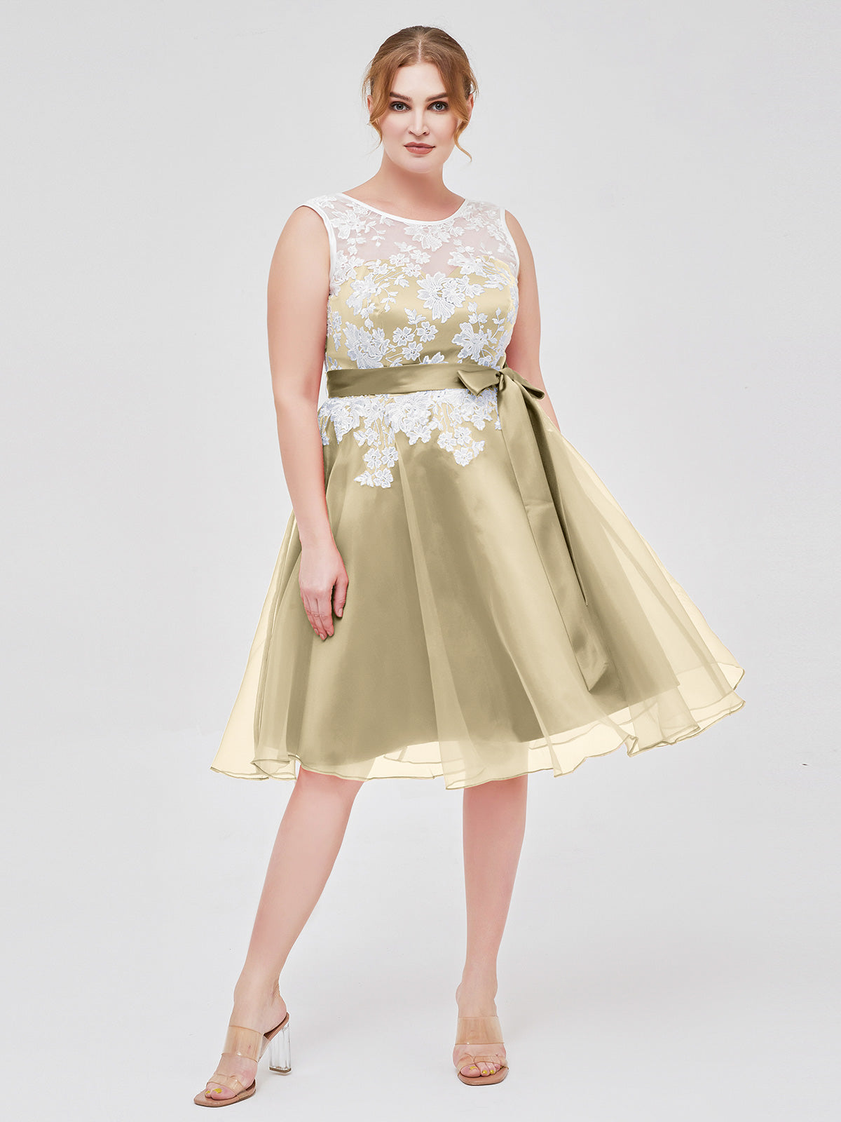 Champagne Plus Size Organza Bridesmaid Dress Illusion Neck Knee Length Ivory Lace Applique Formal Dress | BABARONI