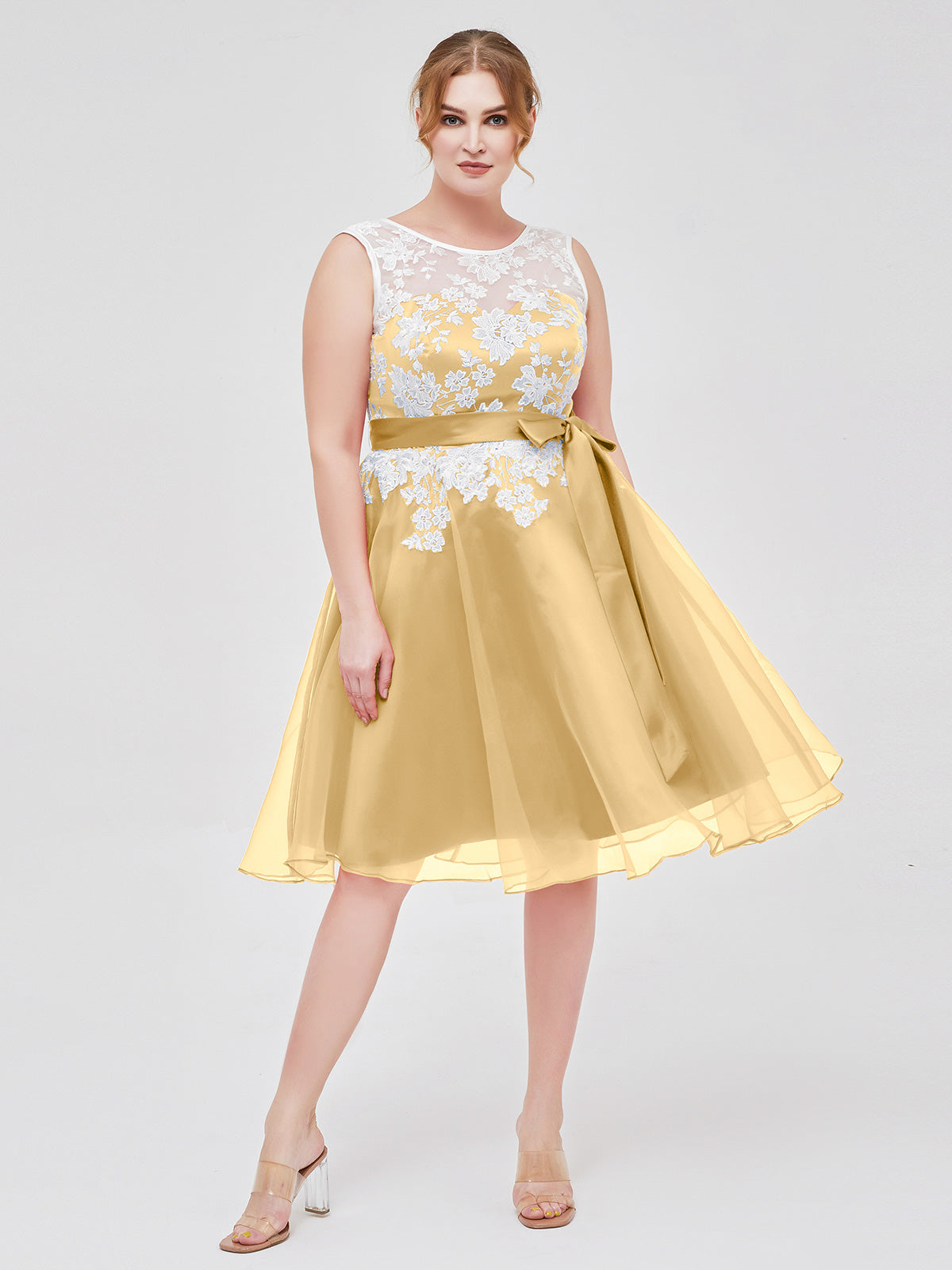 BABARONI Organza Gold Bridesmaid Dresses Illusion Knee-length Sleeveless Appliqued A-line, Gold / US0