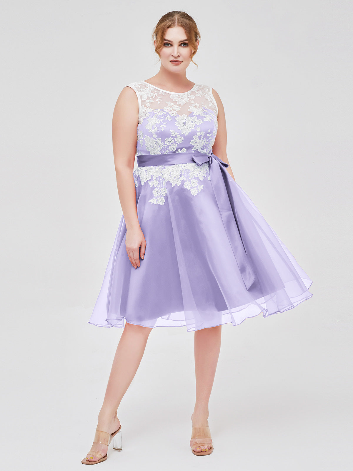 BABARONI Illusion Neck Organza with Ivory Lace Appliqued Lilac, Lilac / US0