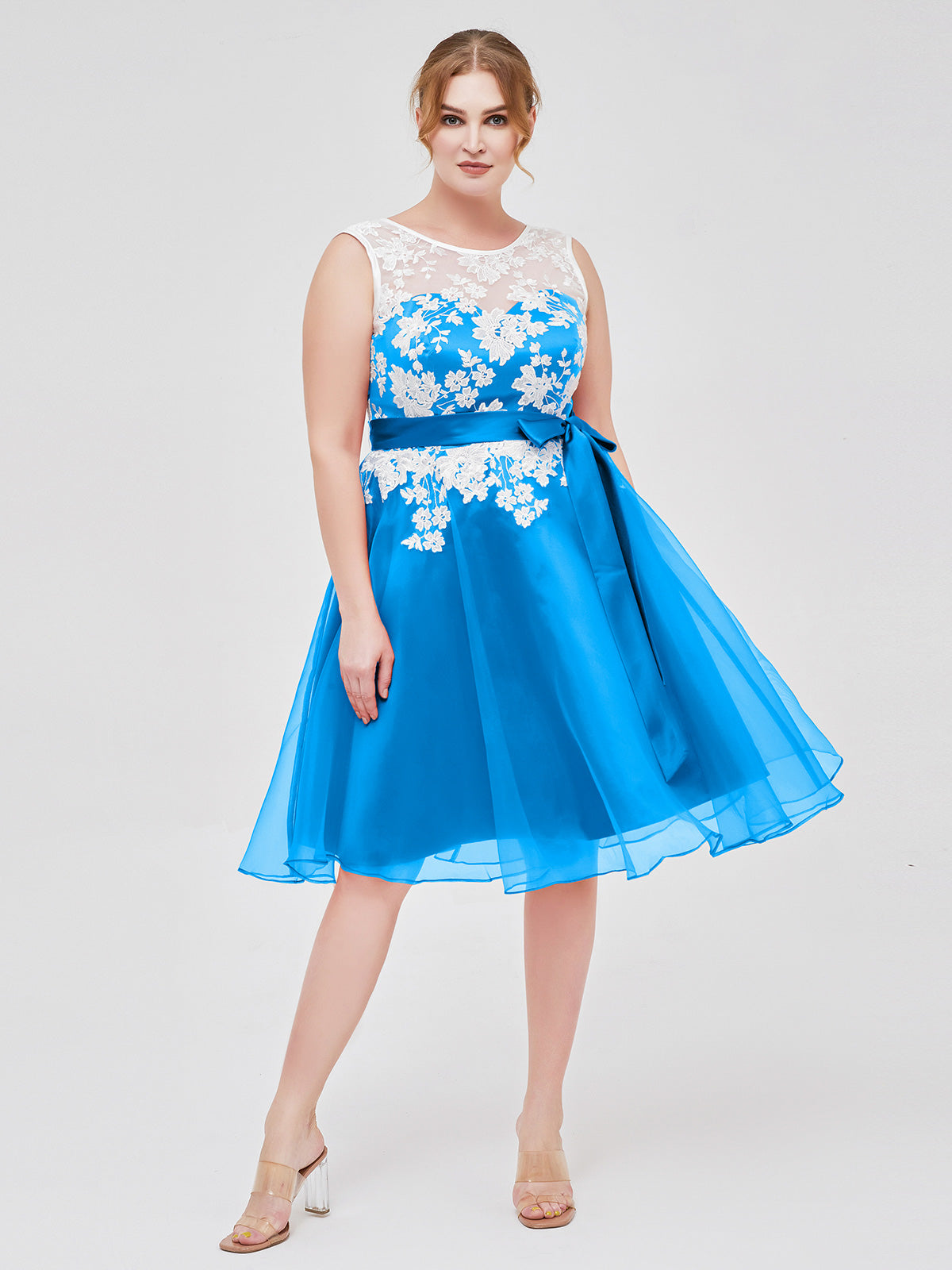 Ocean Blue Plus Size Organza Bridesmaid Dress Illusion Neck Knee Length Ivory Lace Applique Formal Dress