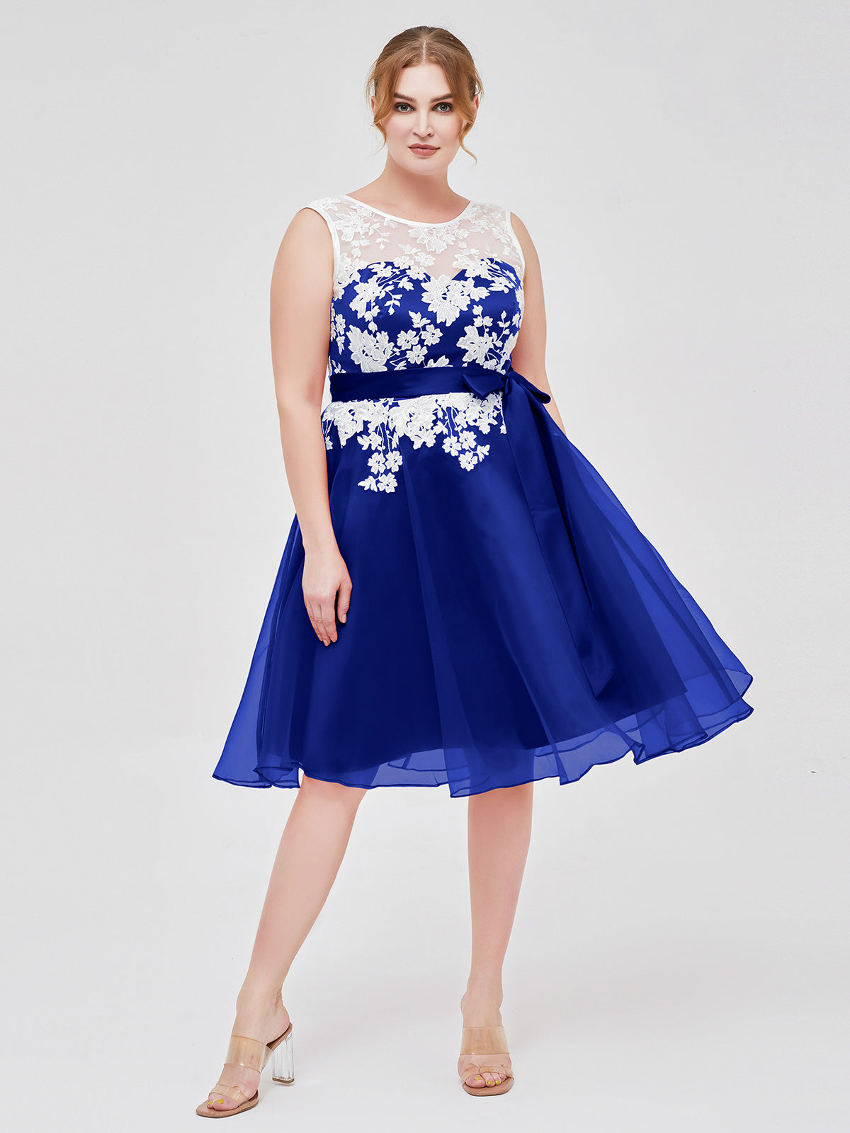 Royal Blue Plus Size Organza Bridesmaid Dress Illusion Neck Knee Length Ivory Lace Applique Formal Dress | BABARONI Royal Blue Plus Size Organza Bridesmaid Dress Illusion Neck Knee Length Ivory Lace Applique Formal Dress | BABARONI