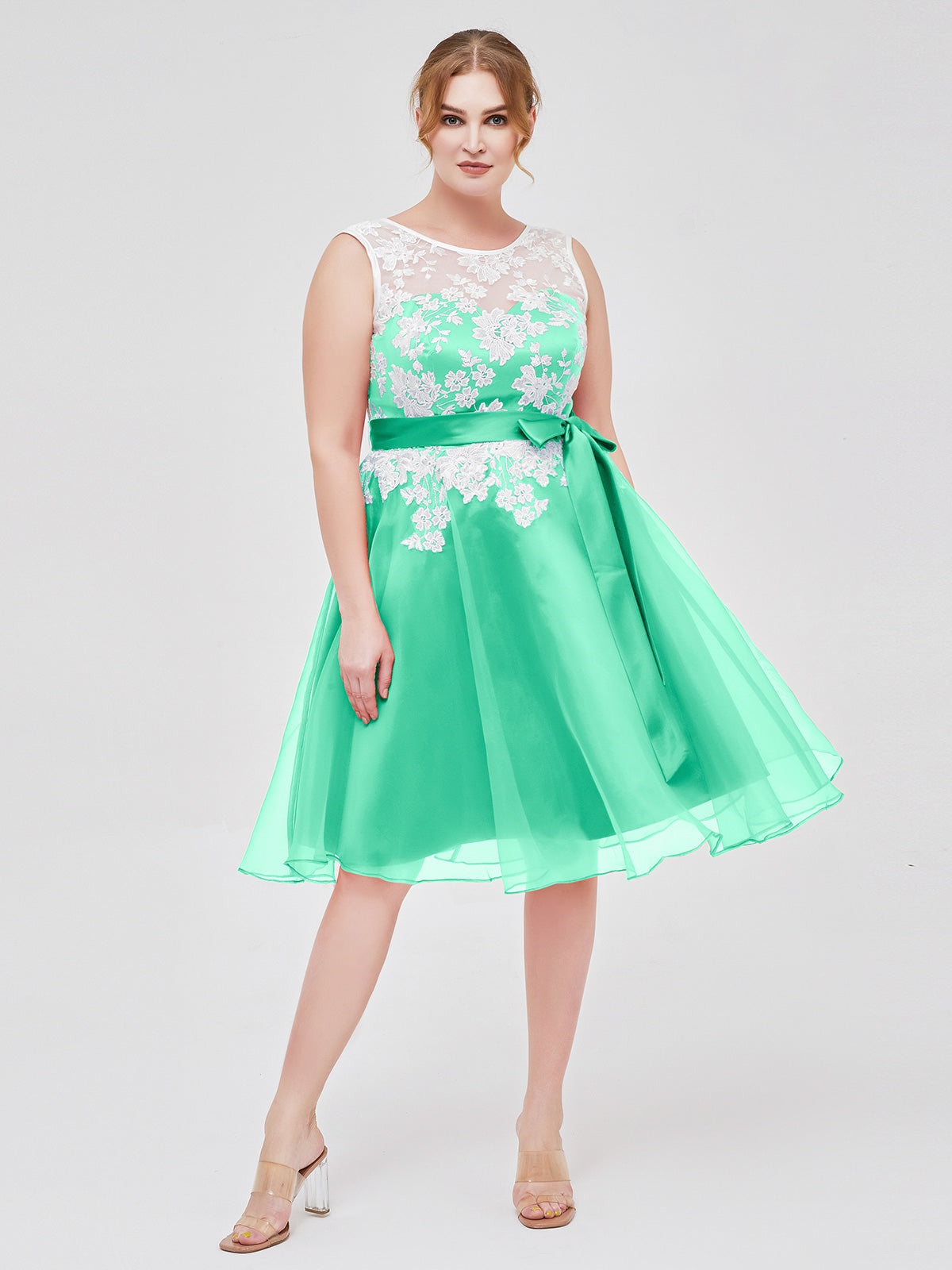 BABARONI Illusion Neck Organza with Ivory Lace Appliqued Turquoise, Turquoise / US0 BABARONI Illusion Neck Organza with Ivory Lace Appliqued Turquoise, Turquoise / US0
