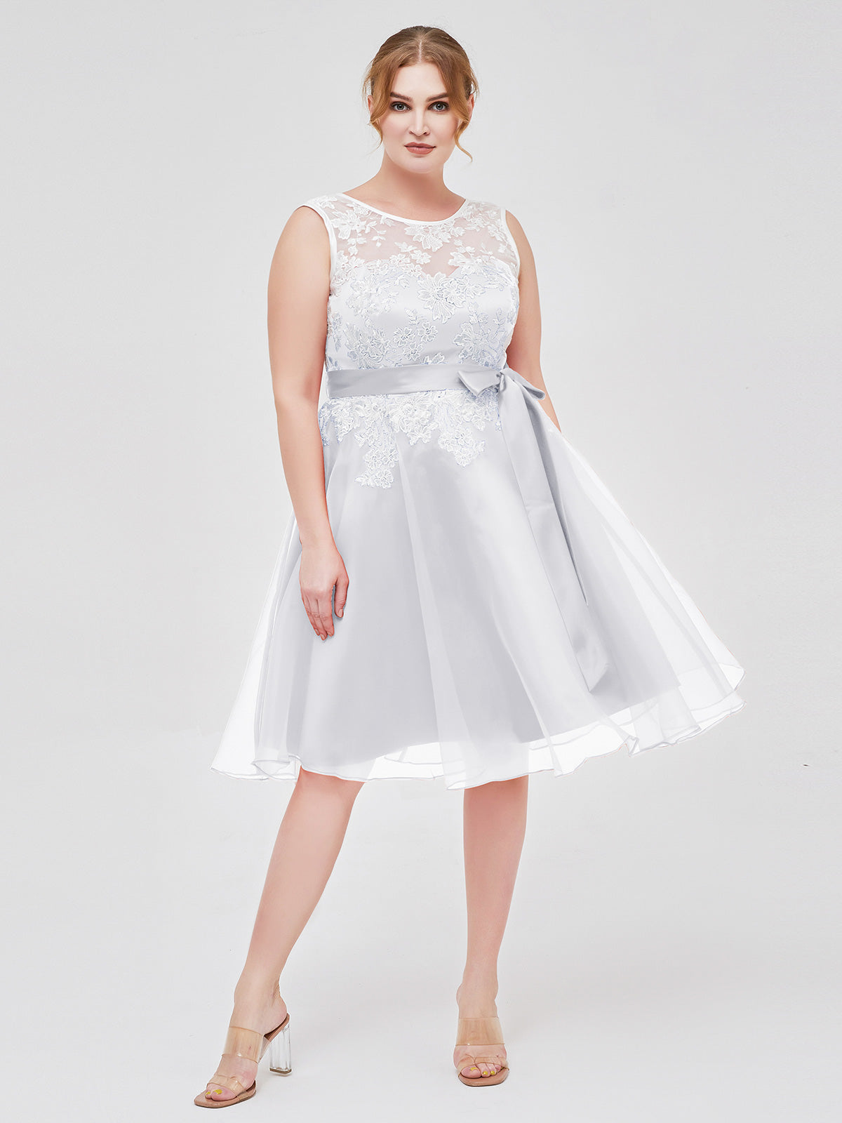 knee length dresses for ladies BABARONI Illusion Neck Organza with Ivory Lace Appliqued Ink Blue, Ink Blue / US0 main image 0