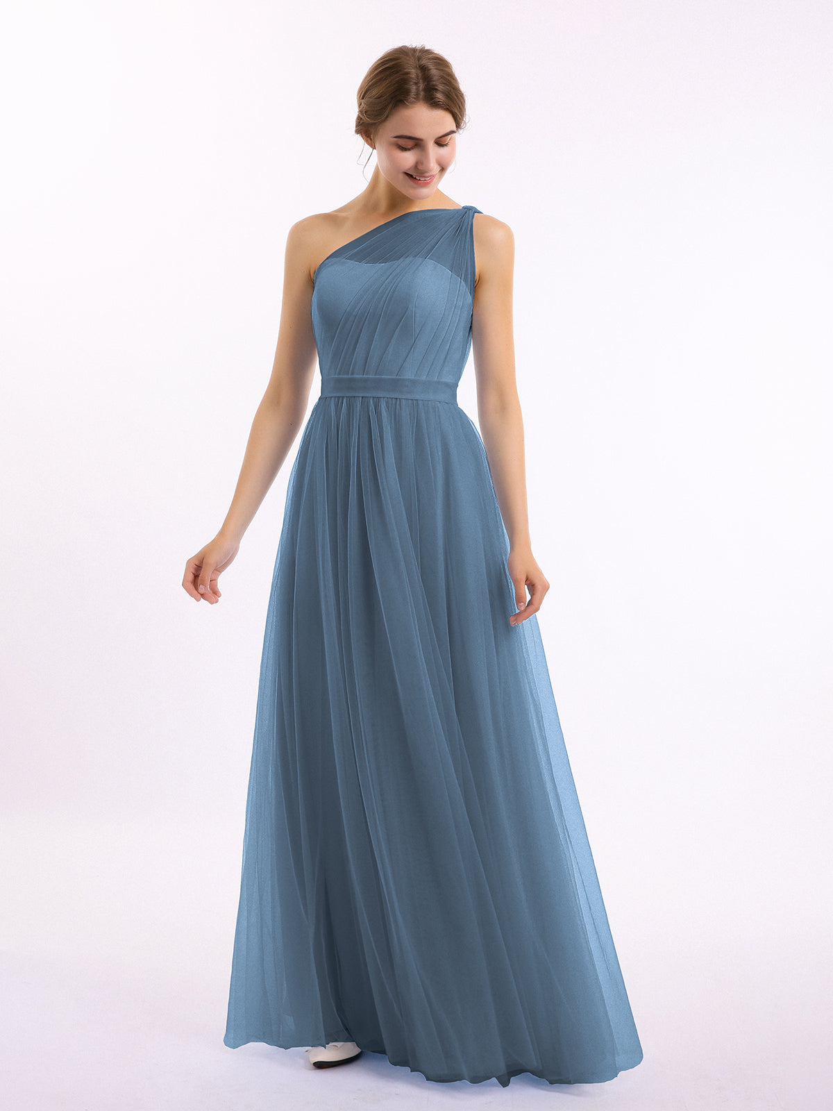 BABARONI BABARONI Tulle Slate Blue Bridesmaid Dresses One Shoulder Floor-length Sleeveless Ruched A-line, Slate Blue / US0