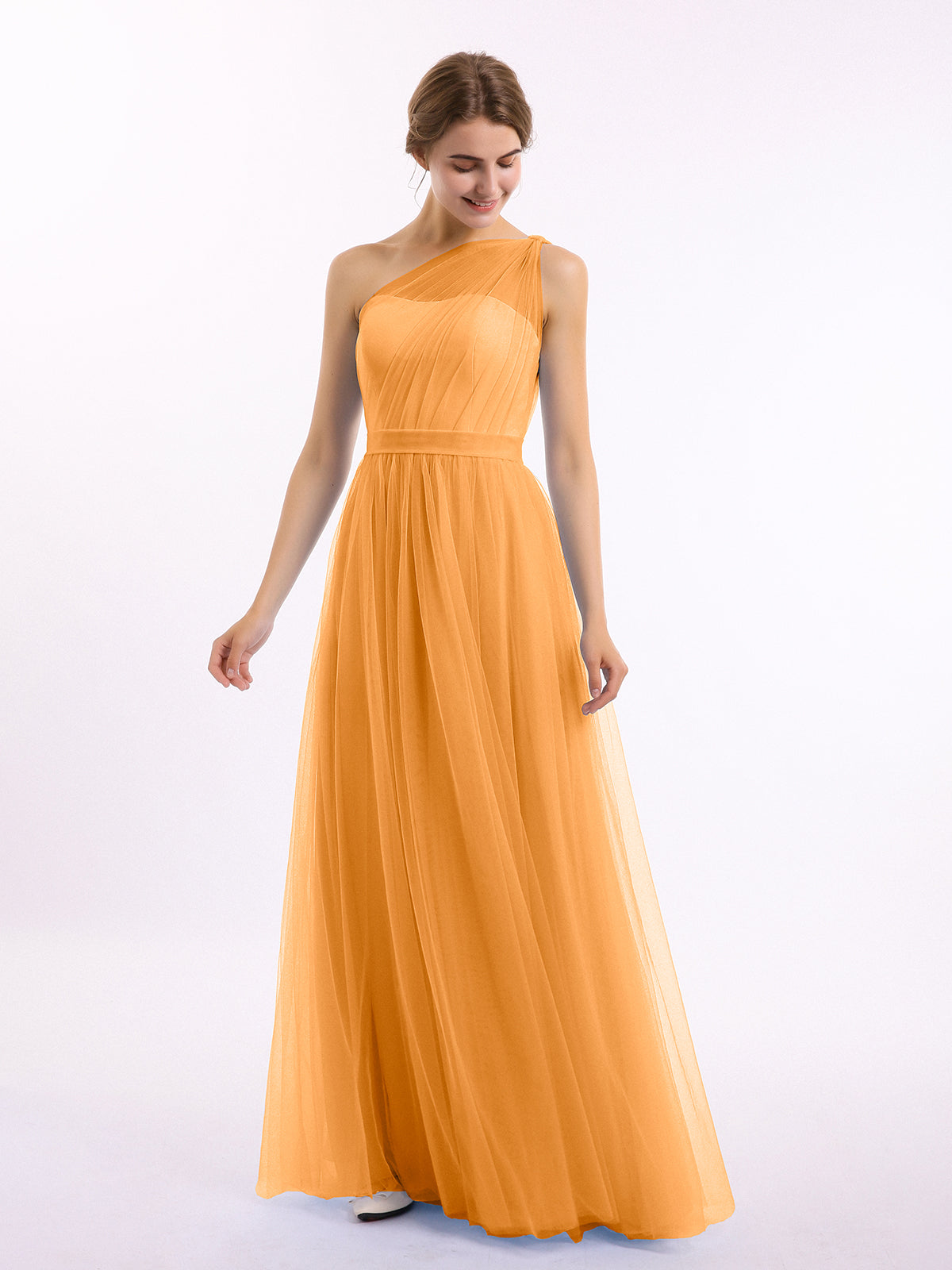 BABARONI Tulle Tangerine Bridesmaid Dresses One Shoulder Floor-length