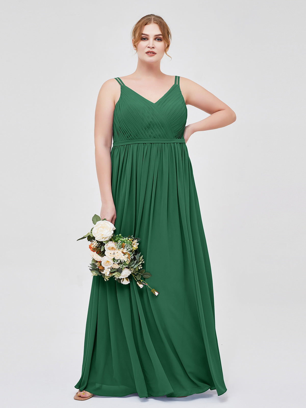 Dark Green Plus Size Chiffon Bridesmaid Dress V-Neck Spaghetti Strap Pleated | BABARONI Dark Green Plus Size Chiffon Bridesmaid Dress V-Neck Spaghetti Strap Pleated | BABARONI