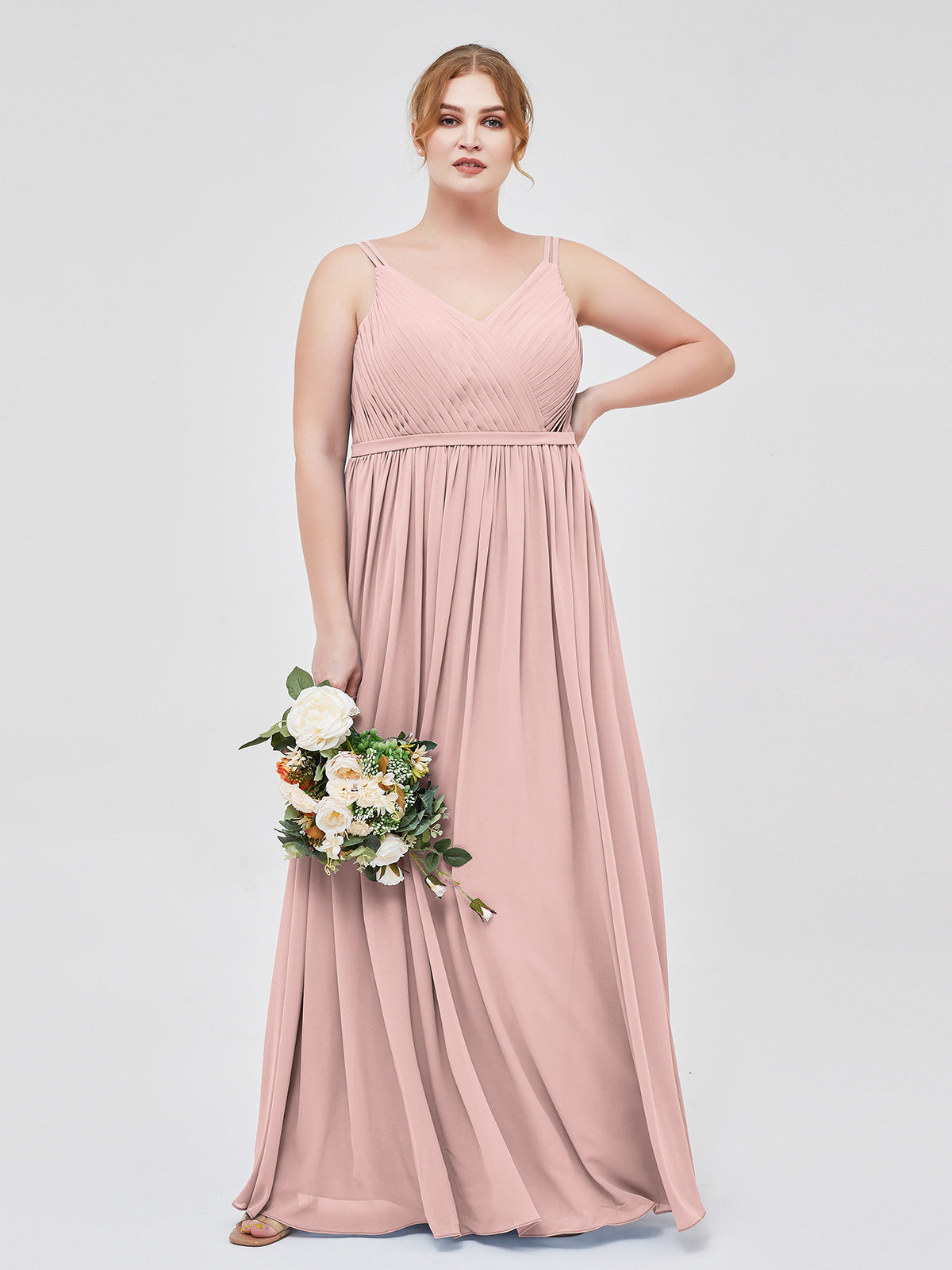 Dusty Rose Plus Size Chiffon Bridesmaid Dress V-Neck Spaghetti Strap Pleated | BABARONI Dusty Rose Plus Size Chiffon Bridesmaid Dress V-Neck Spaghetti Strap Pleated | BABARONI