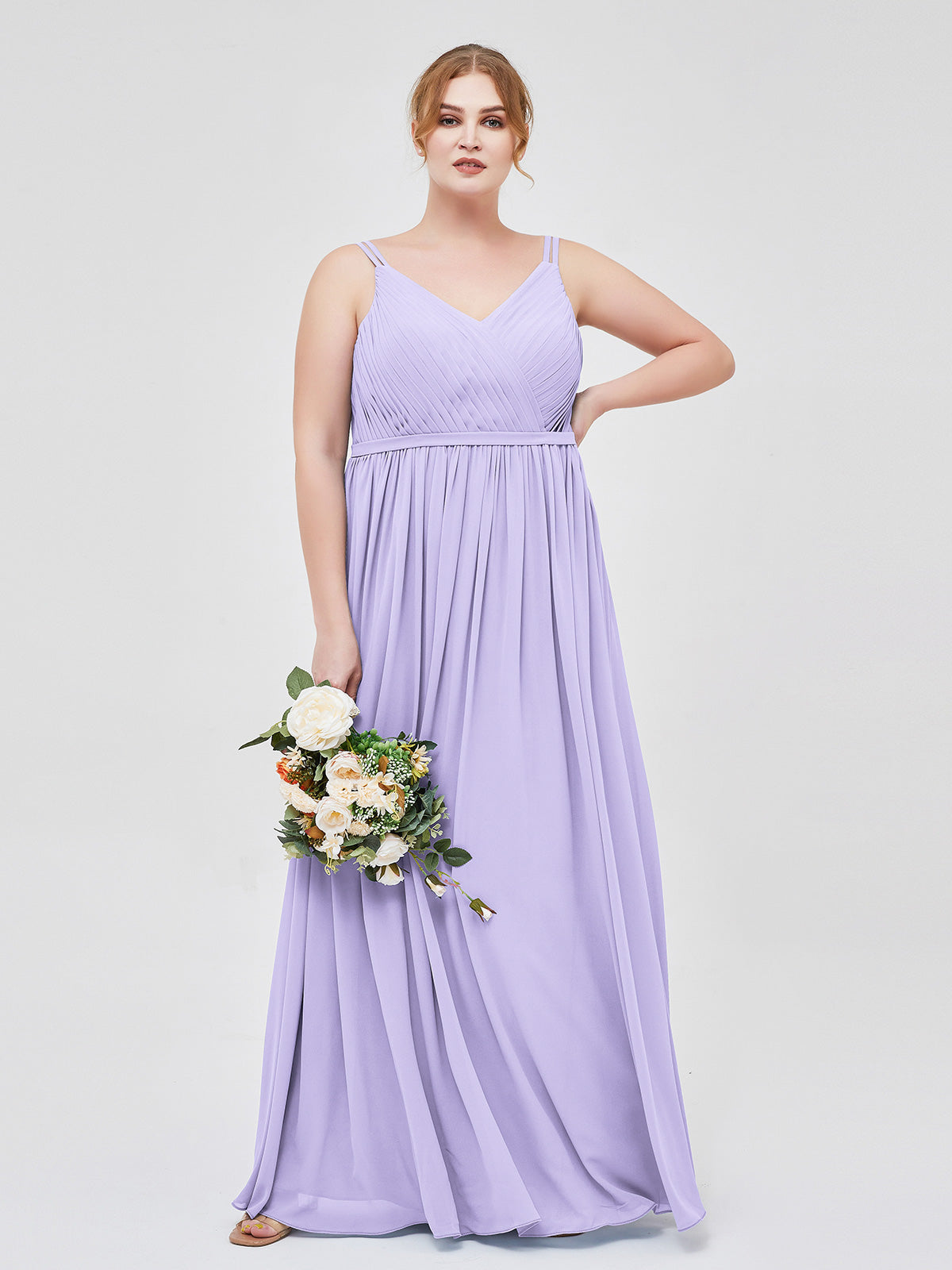 plus size lilac bridesmaid dresses Lilac Plus Size Chiffon Bridesmaid Dress V-Neck Spaghetti Strap Pleated