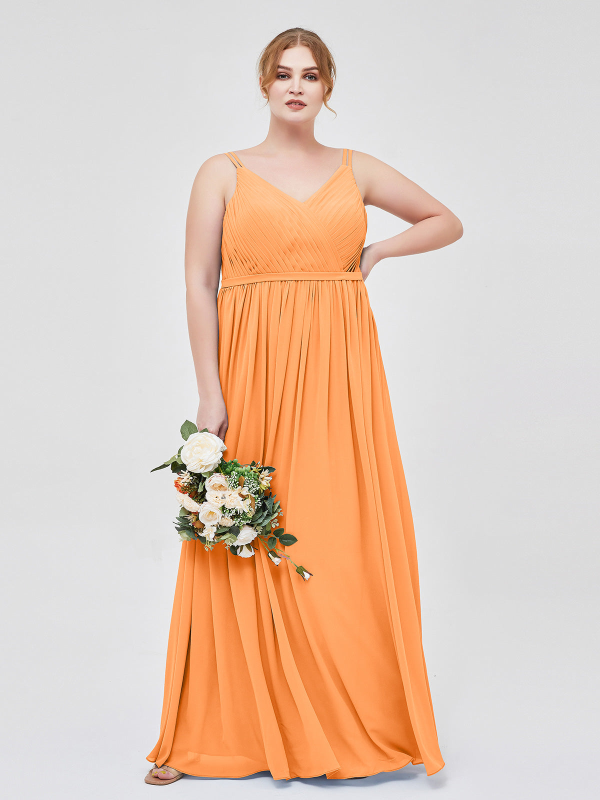 Orange Plus Size Chiffon Bridesmaid Dress V-Neck Spaghetti Strap Pleated | BABARONI Orange Plus Size Chiffon Bridesmaid Dress V-Neck Spaghetti Strap Pleated | BABARONI