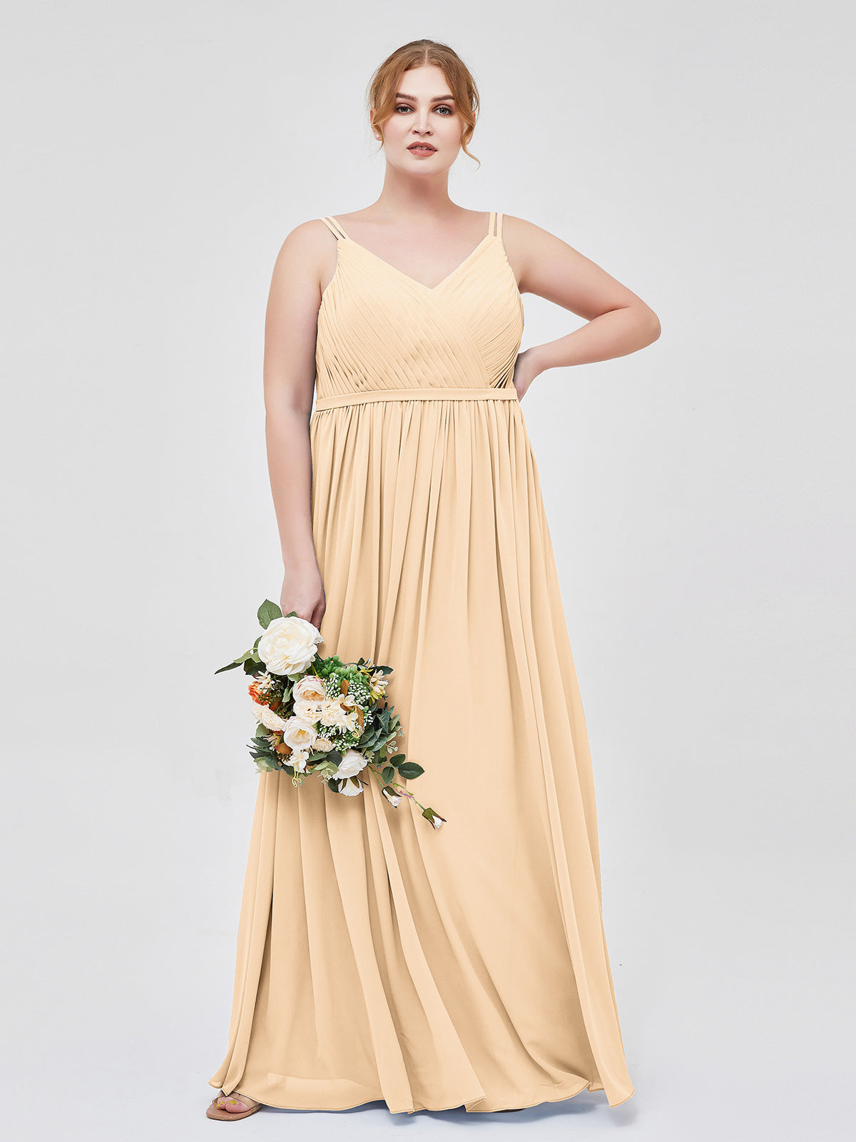 BABARONI Chiffon Peach Bridesmaid Dresses V-neck Floor-length Sleeveless Ruched A-line, Peach / US0