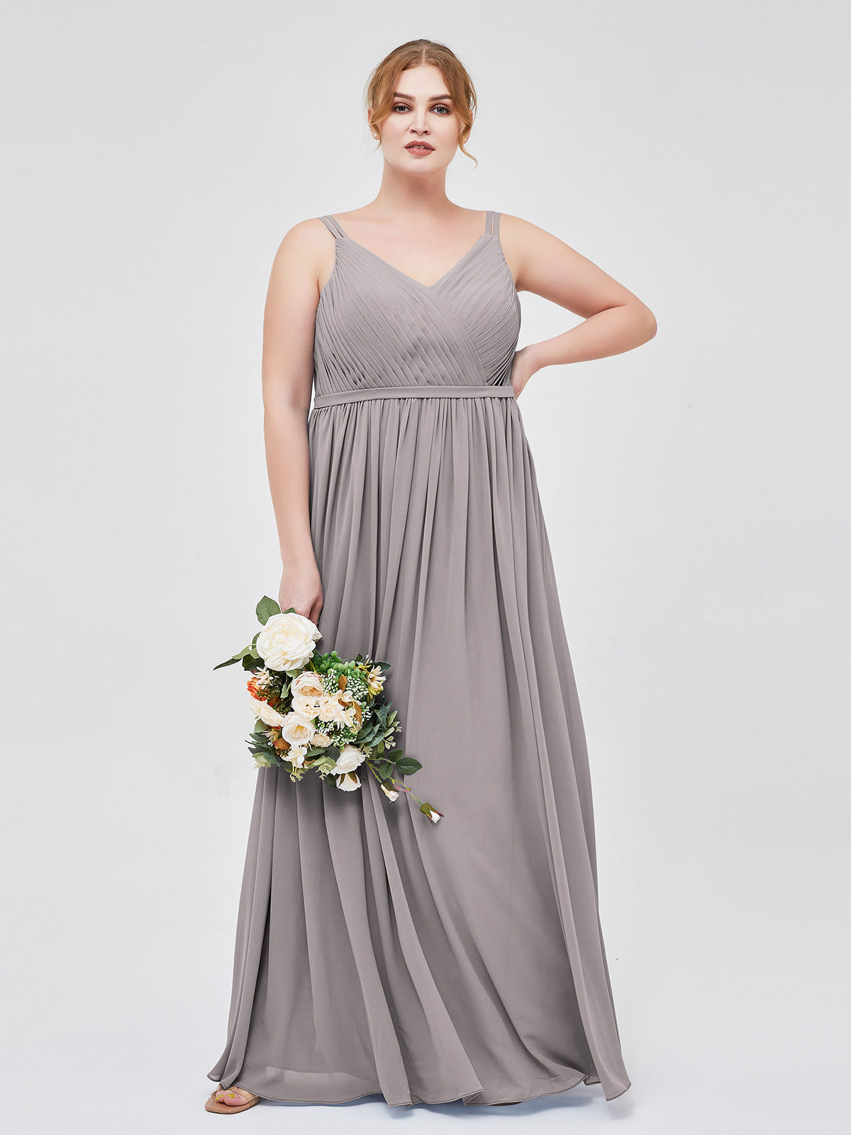 Silver Plus Size Chiffon Bridesmaid Dress V-Neck Spaghetti Strap Pleated