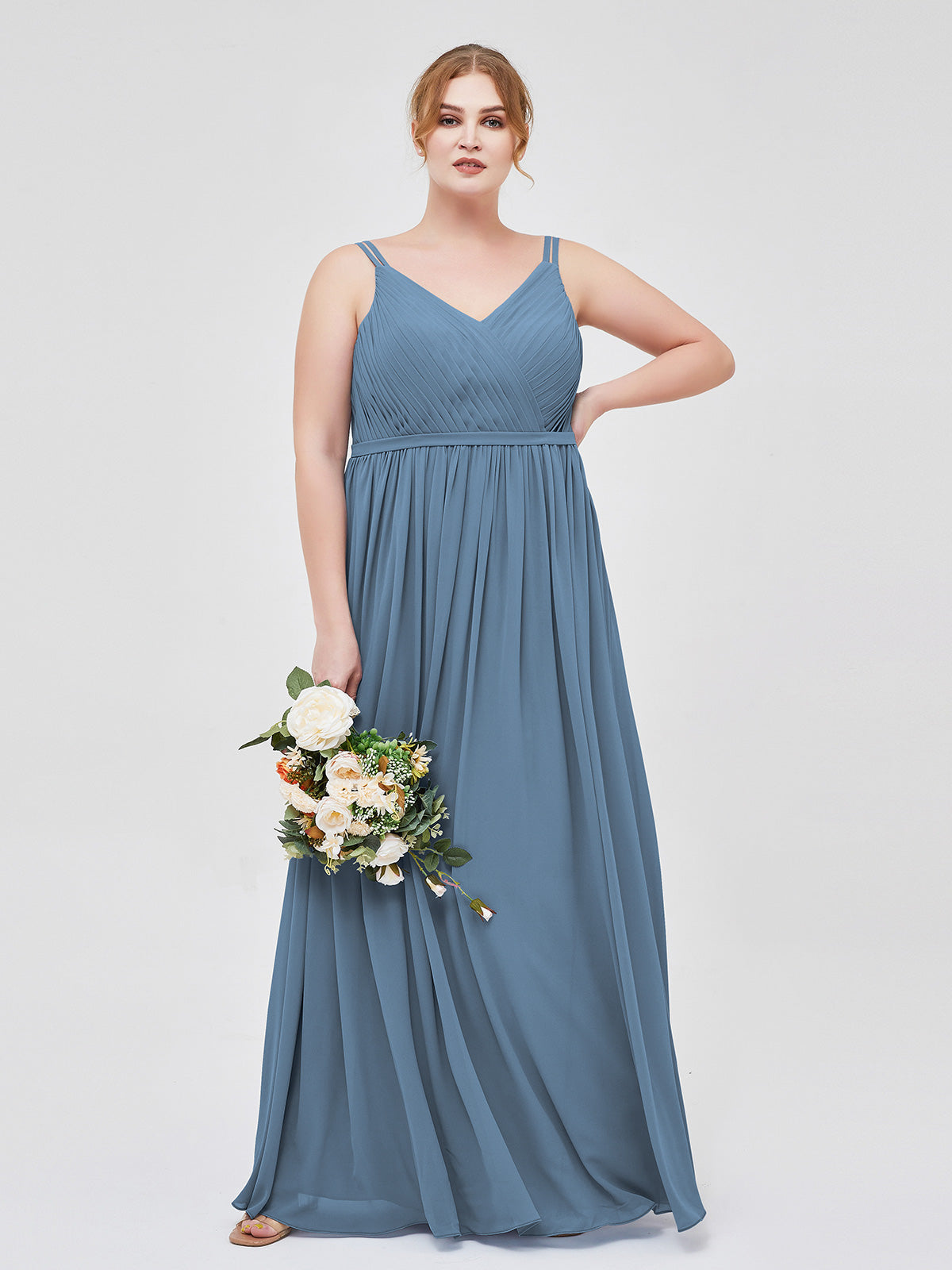 Slate Blue Plus Size Chiffon Bridesmaid Dress V-Neck Spaghetti Strap Pleated
