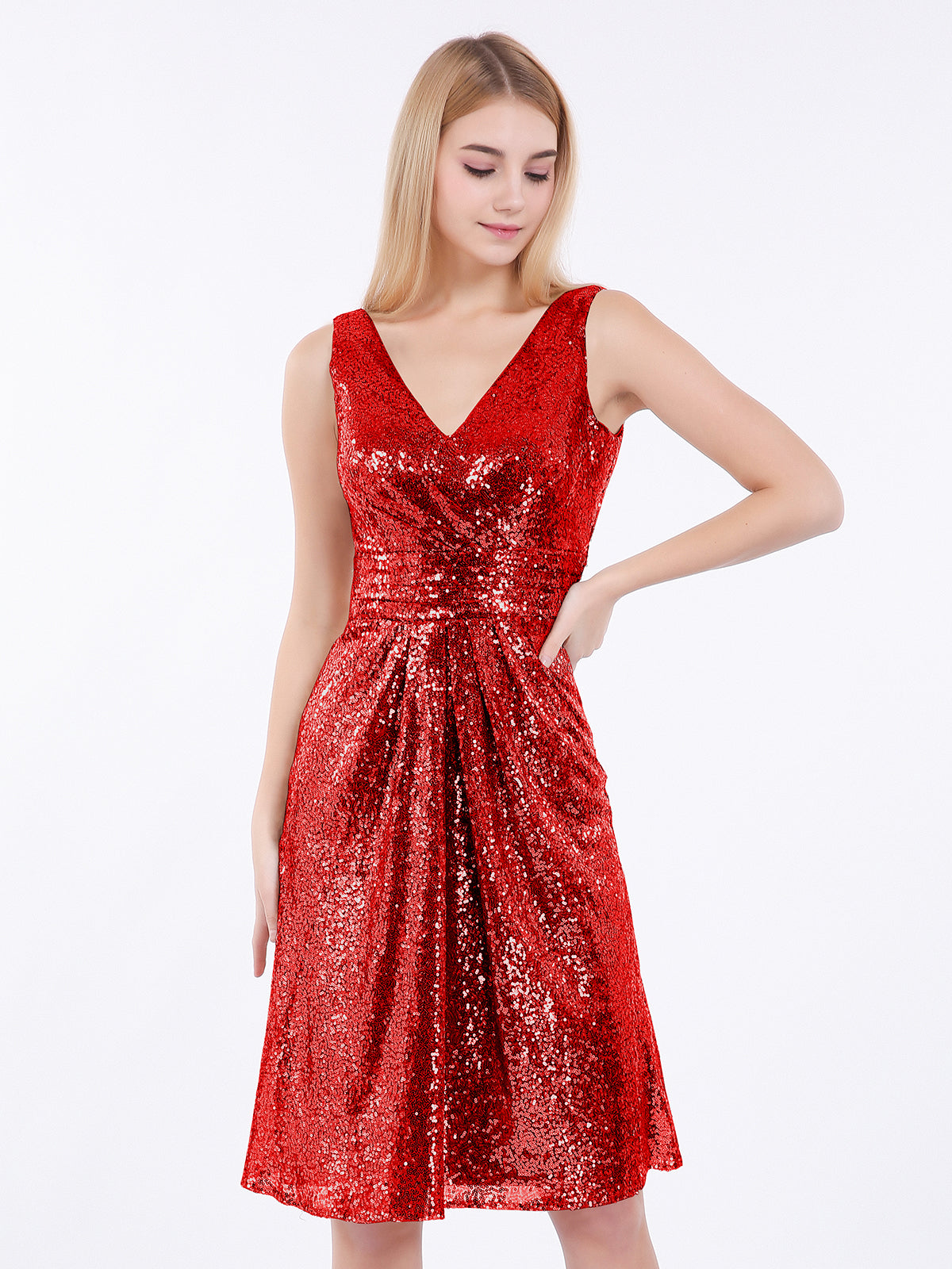open lace back dress BABARONI V Neckline Short Sequins Lace Dress Red Plus size, Red / US18