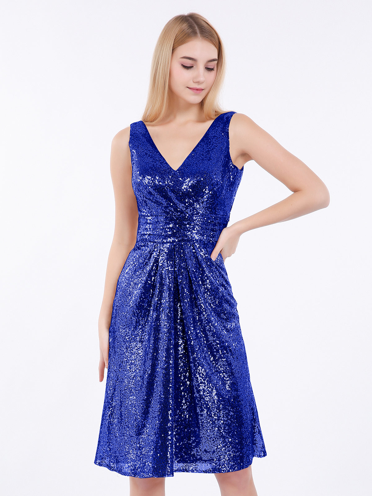 BABARONI V neckline Short Sequins Lace Dress Royal Blue, Royal Blue / US0