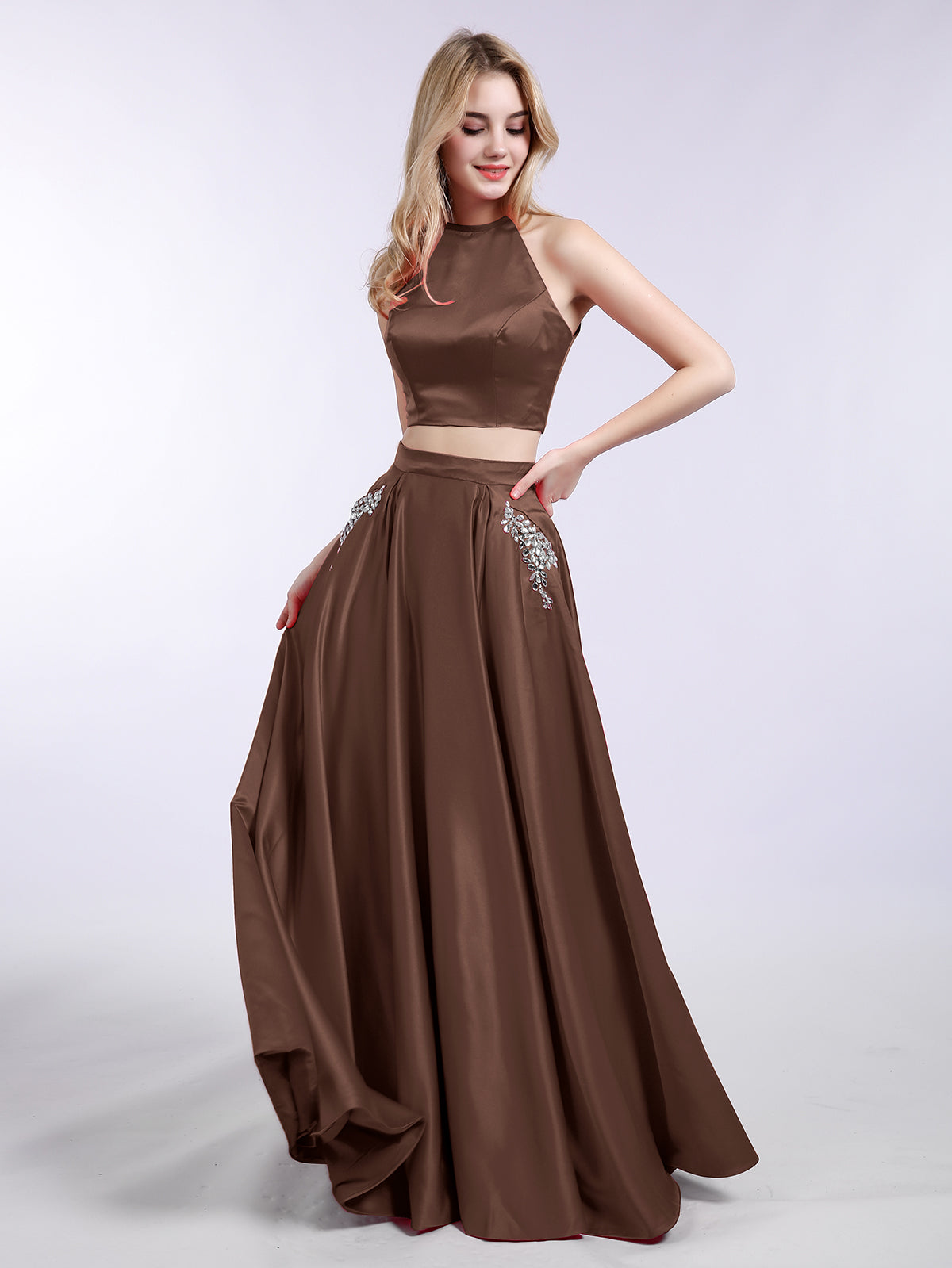 BABARONI Satin Chocolate Bridesmaid Dresses Halter Floor-length Sleeveless Beaded A-line, Chocolate / US0