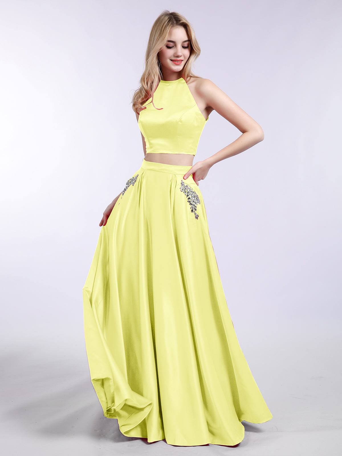 BABARONI Two Piece Satin Prom Dress with Pockets Daffodil, Daffodil / US0
