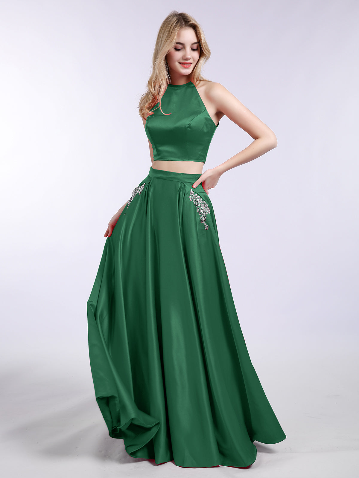 BABARONI Satin Dark Green Bridesmaid Dresses Halter Floor-length Sleeveless Beaded A-line BABARONI Satin Dark Green Bridesmaid Dresses Halter Floor-length Sleeveless Beaded A-line