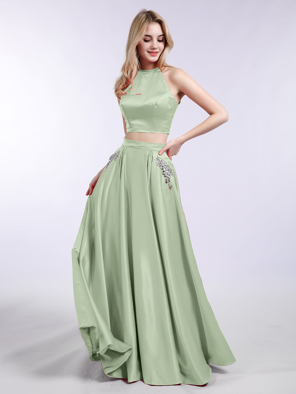 BABARONI Two Piece Satin Prom Dress with Pockets Dusty Sage Plus size, Dusty Sage / US18 BABARONI Two Piece Satin Prom Dress with Pockets Dusty Sage Plus size, Dusty Sage / US18