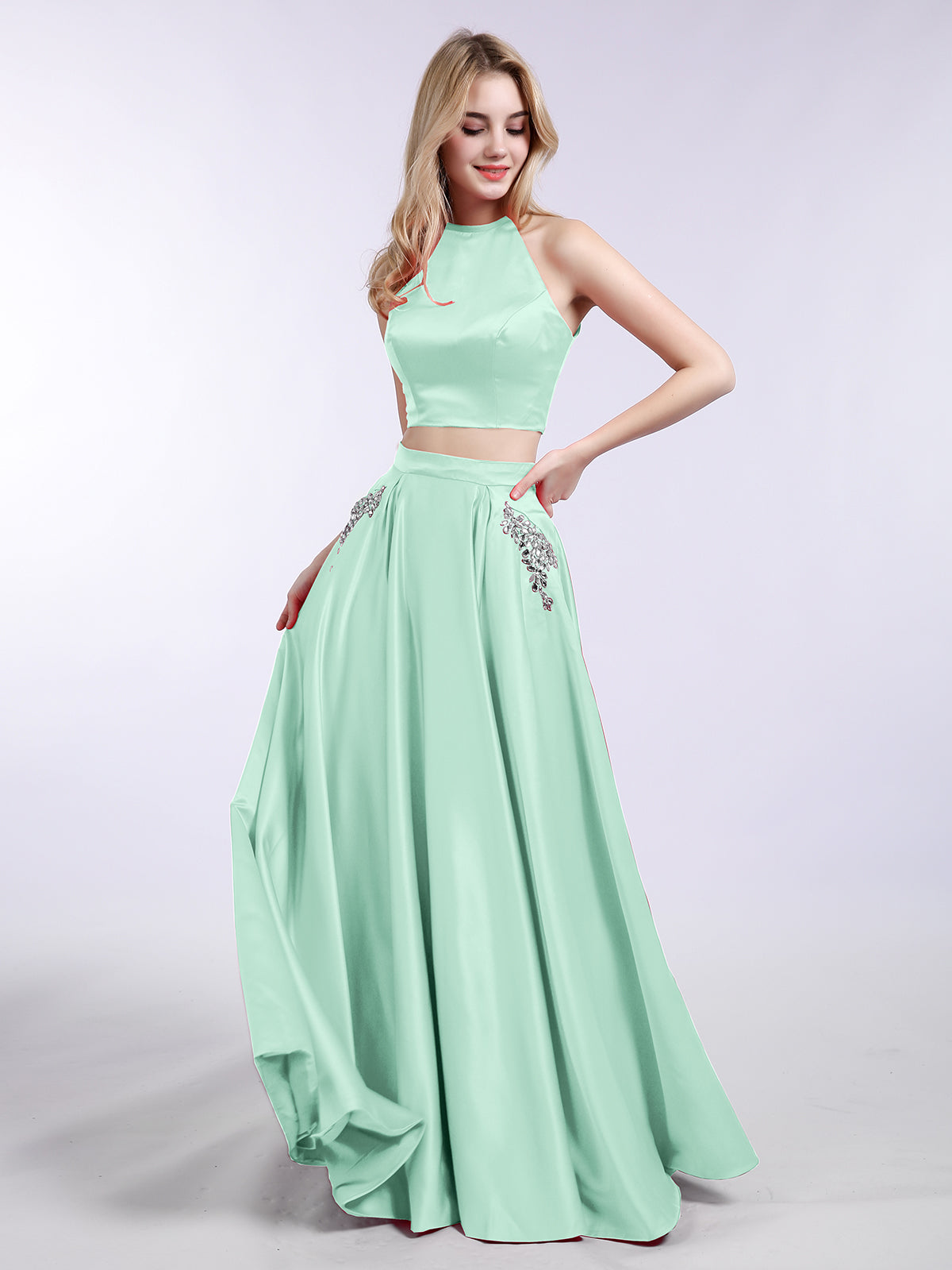 BABARONI Two Piece Satin Prom Dress with Pockets Mint Green Plus size, Mint Green / US18 BABARONI Two Piece Satin Prom Dress with Pockets Mint Green Plus size, Mint Green / US18