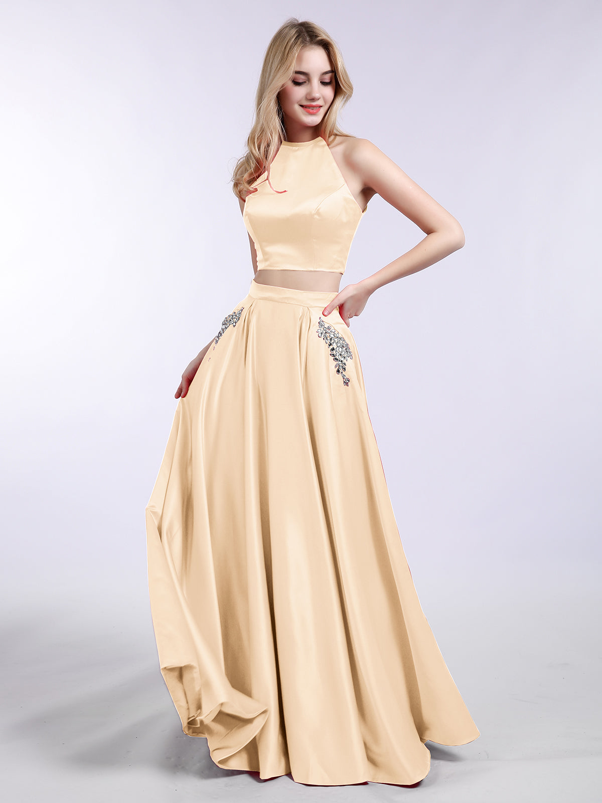 peach and gold bridesmaid dresses BABARONI Satin Halter Floor-length Sleeveless Beaded A-line, Peach / US0 US30) and in custom 2-in-1 Kara Slinky Cut Out Size:18 Month