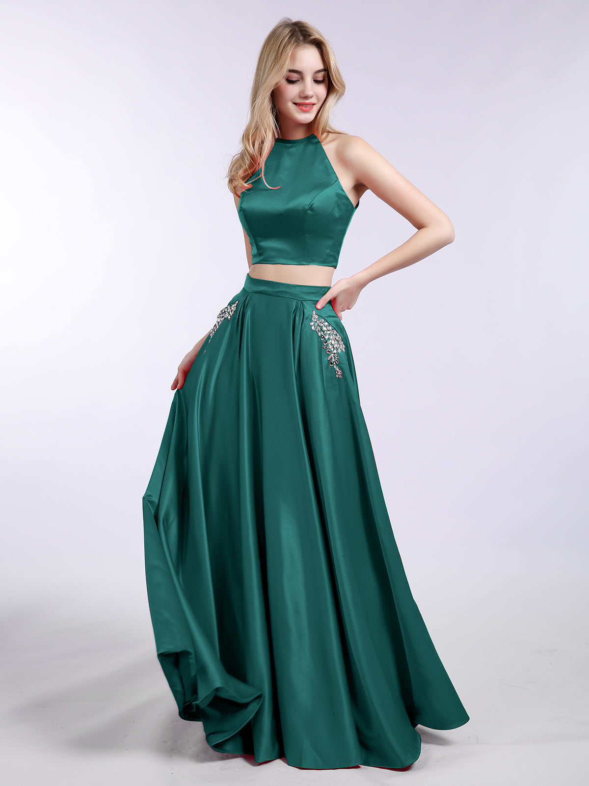 BABARONI Two Piece Satin Prom Dress with Pockets Peacock, Peacock / US0 BABARONI Two Piece Satin Prom Dress with Pockets Peacock, Peacock / US0