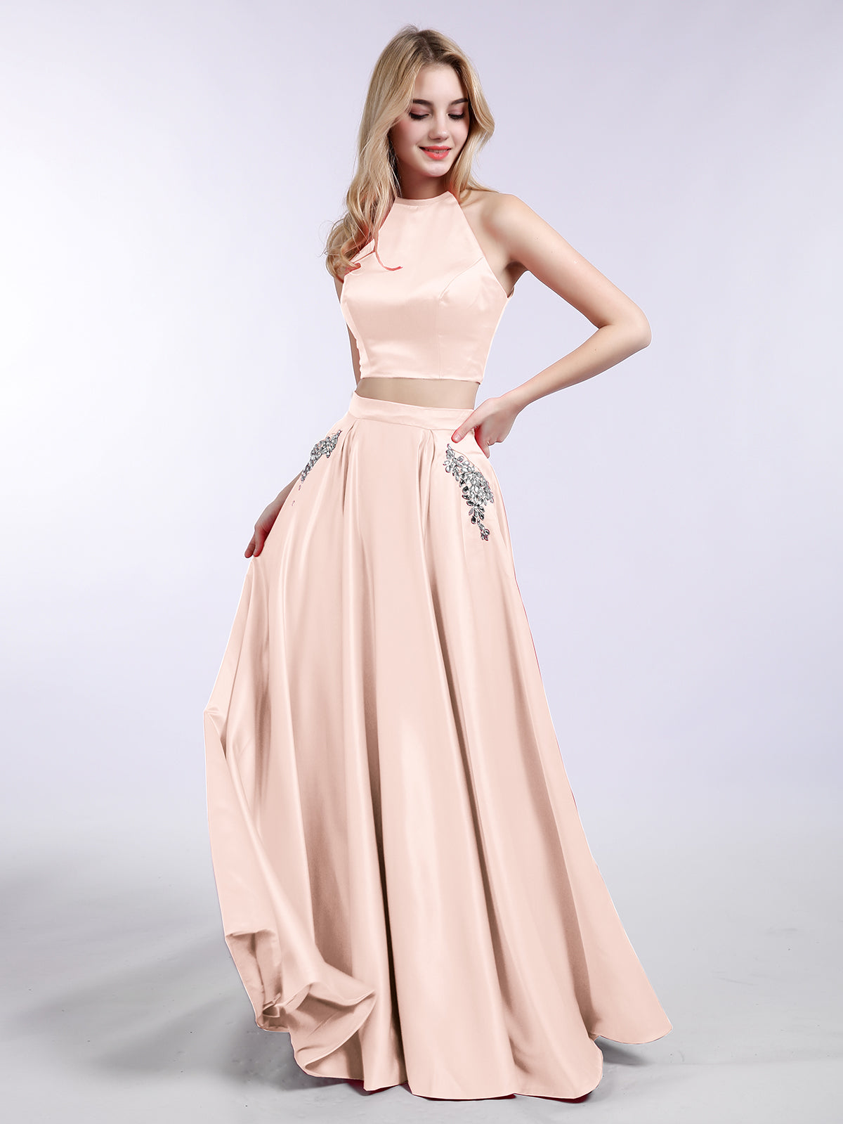 BABARONI Two Piece Satin Prom Dress with Pockets Pearl Pink, Pearl Pink / US0