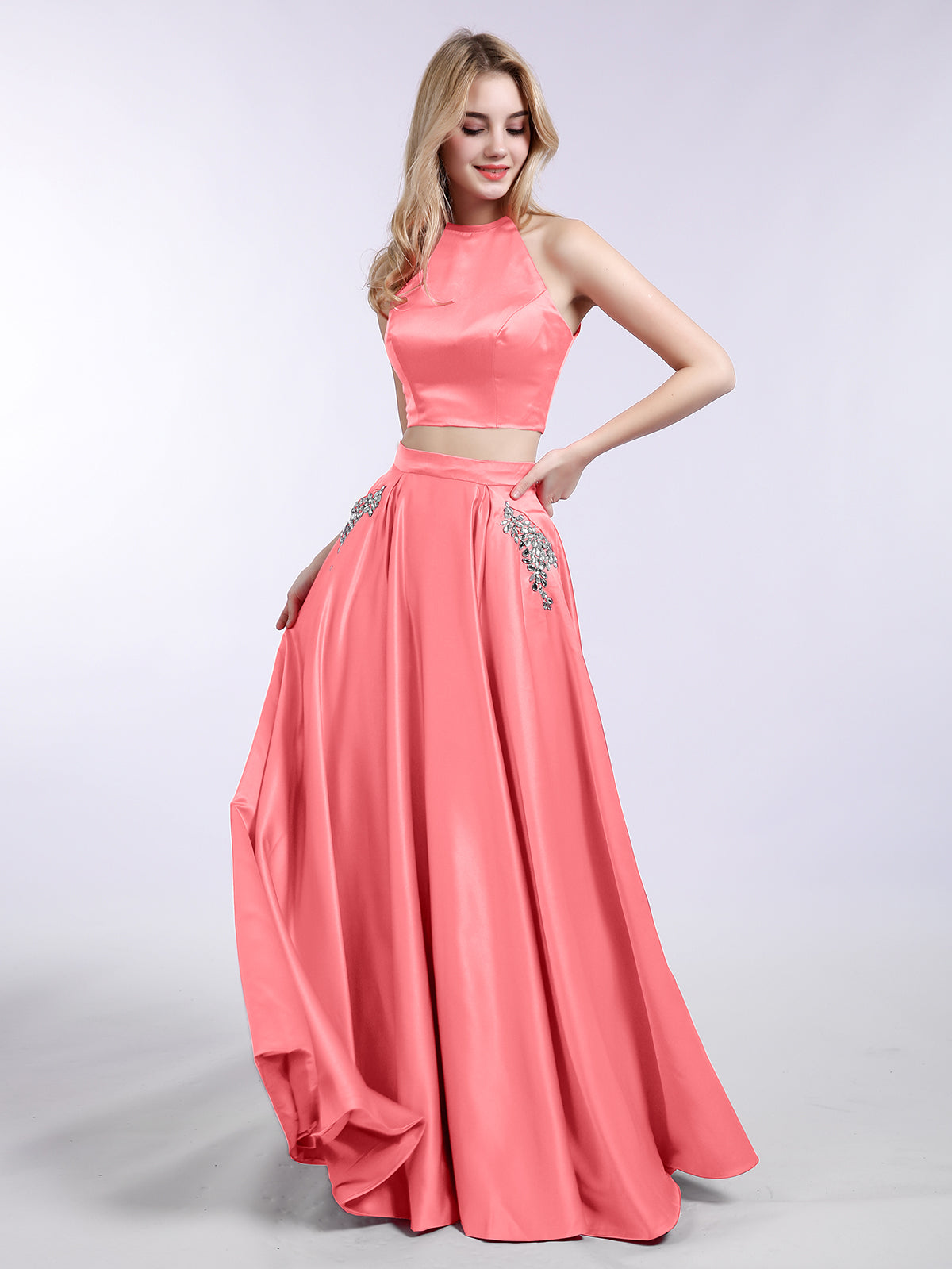 BABARONI Two Piece Satin Prom Dress with Pockets Watermelon Plus Size, Watermelon / US18
