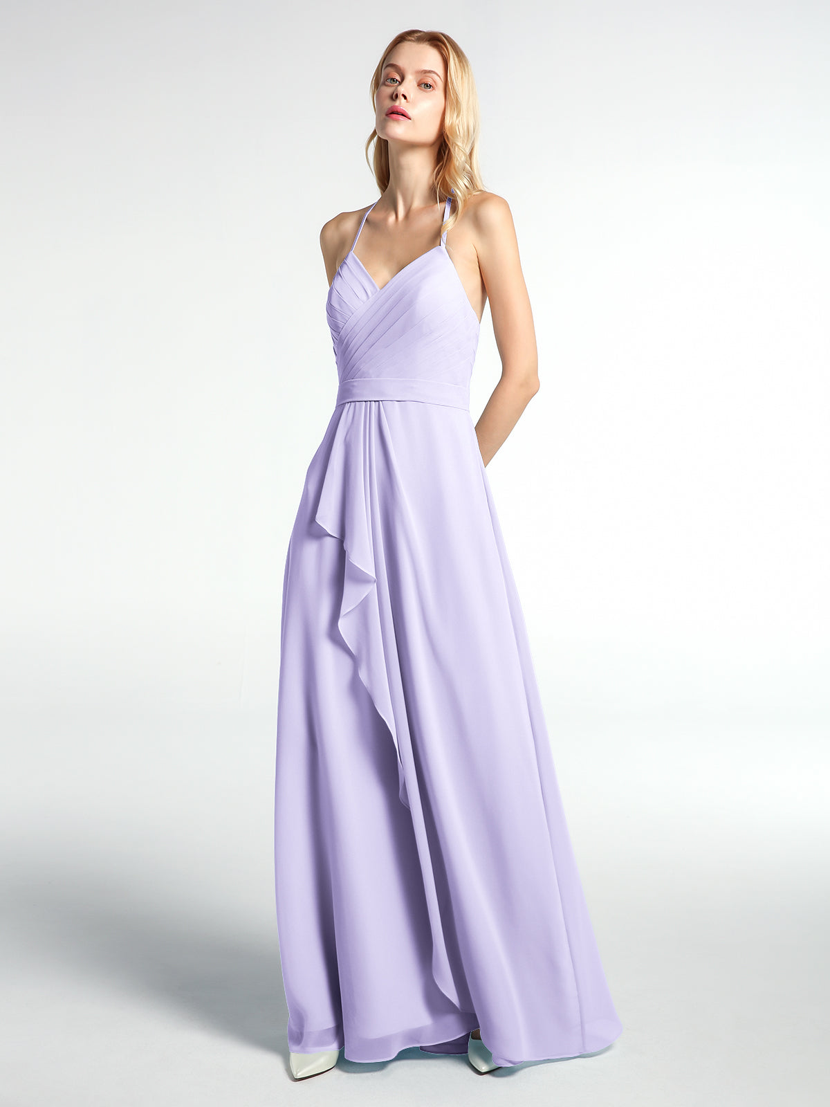 BABARONI Chiffon Lilac Bridesmaid Dresses V-neck Floor-length Spaghetti Straps Pleated A-line, Lilac / US0