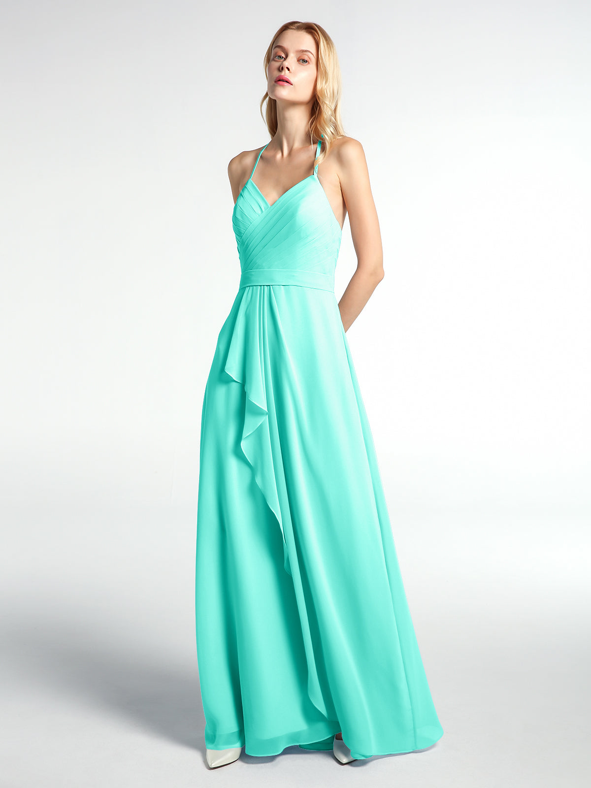 V-neck Spaghetti Straps Elegant Bridesmaid Dress Jade