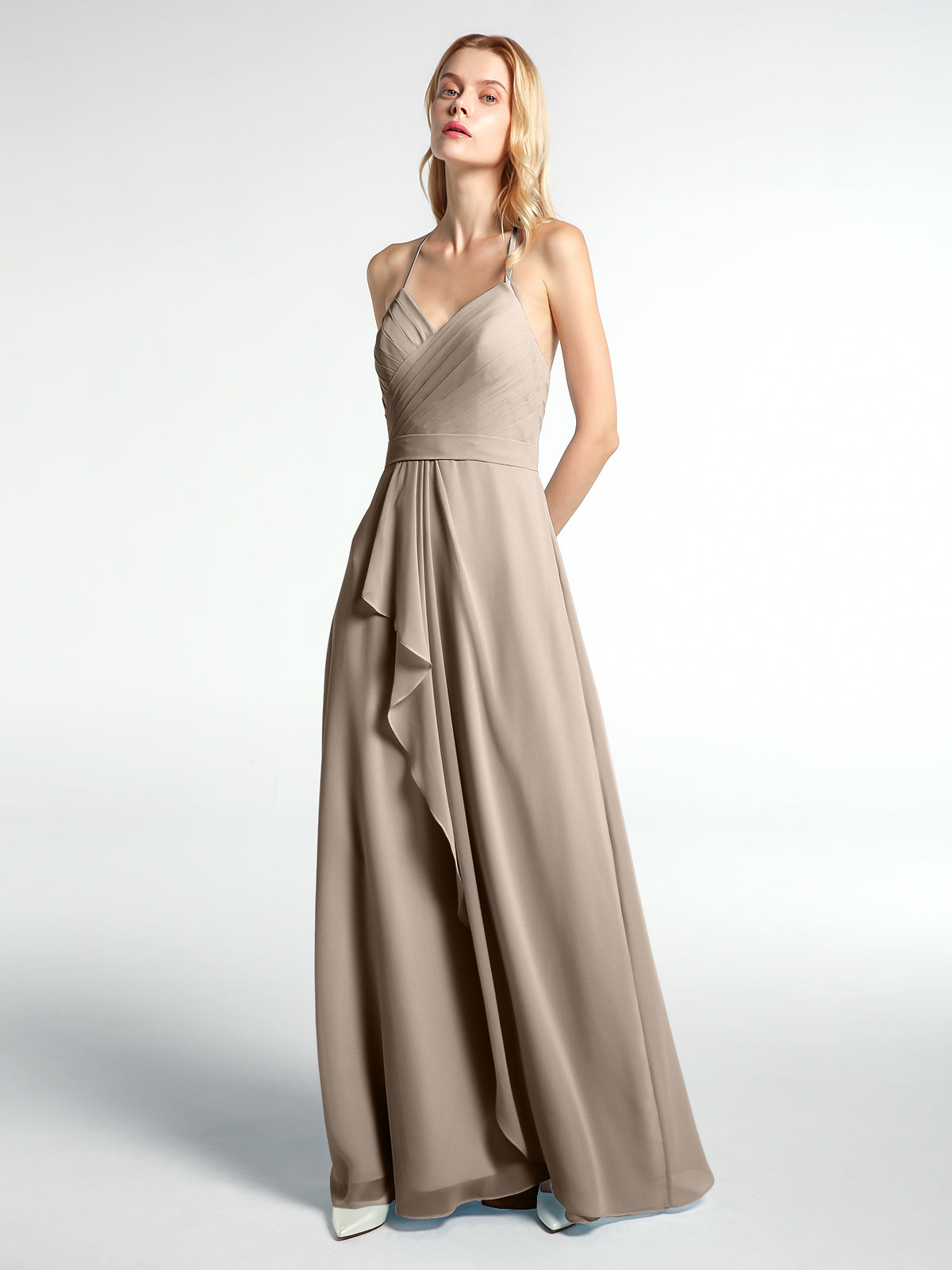BABARONI Spaghetti Strap Elegant Bridesmaid Dress with V-neck Taupe, Taupe / US0 BABARONI Spaghetti Strap Elegant Bridesmaid Dress with V-neck Taupe, Taupe / US0