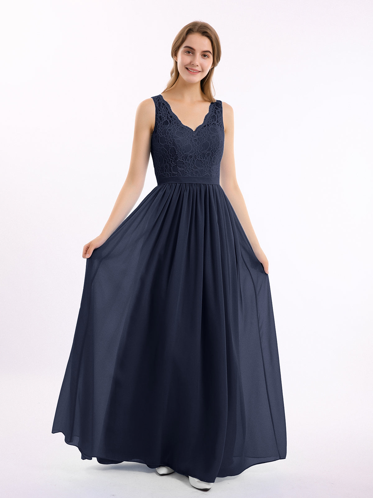 BABARONI Lace Top and Chiffon Bottom Long Dresses Dark Navy, Dark Navy / US0 BABARONI Lace Top and Chiffon Bottom Long Dresses Dark Navy, Dark Navy / US0