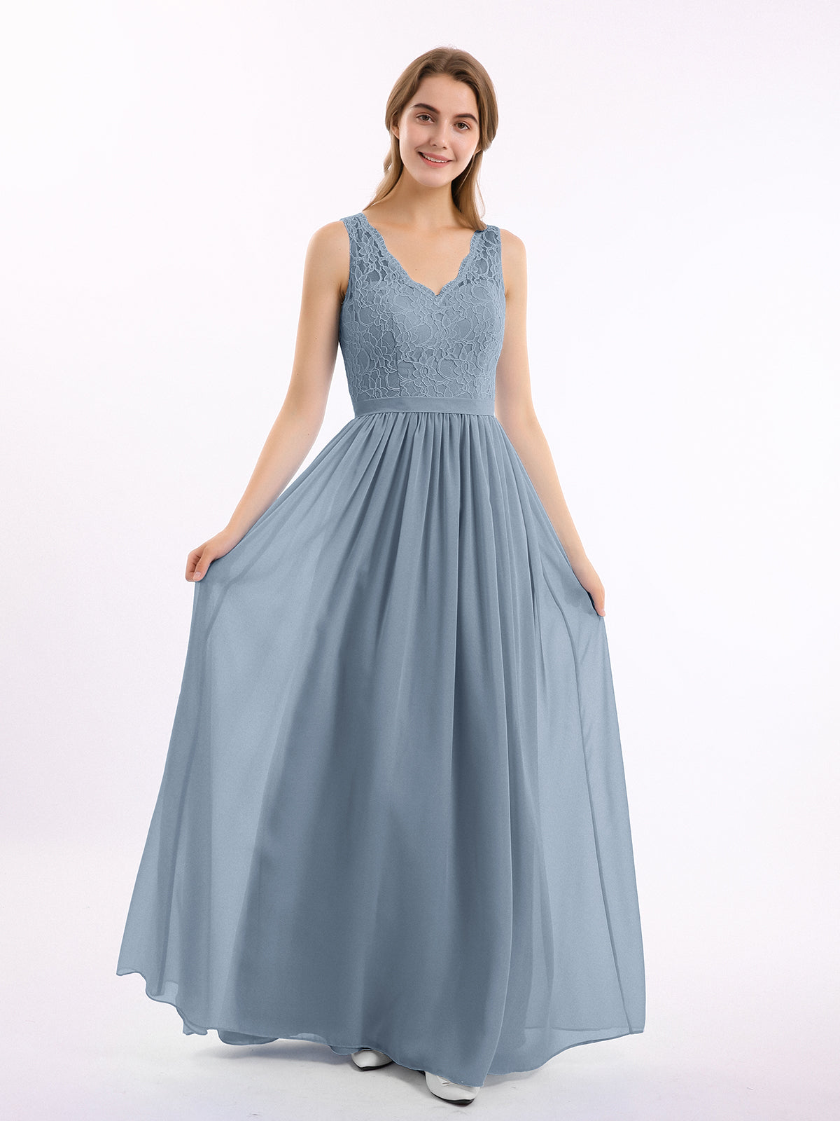 BABARONI Chiffon Dusty Blue Bridesmaid Dresses V-neck Floor-length