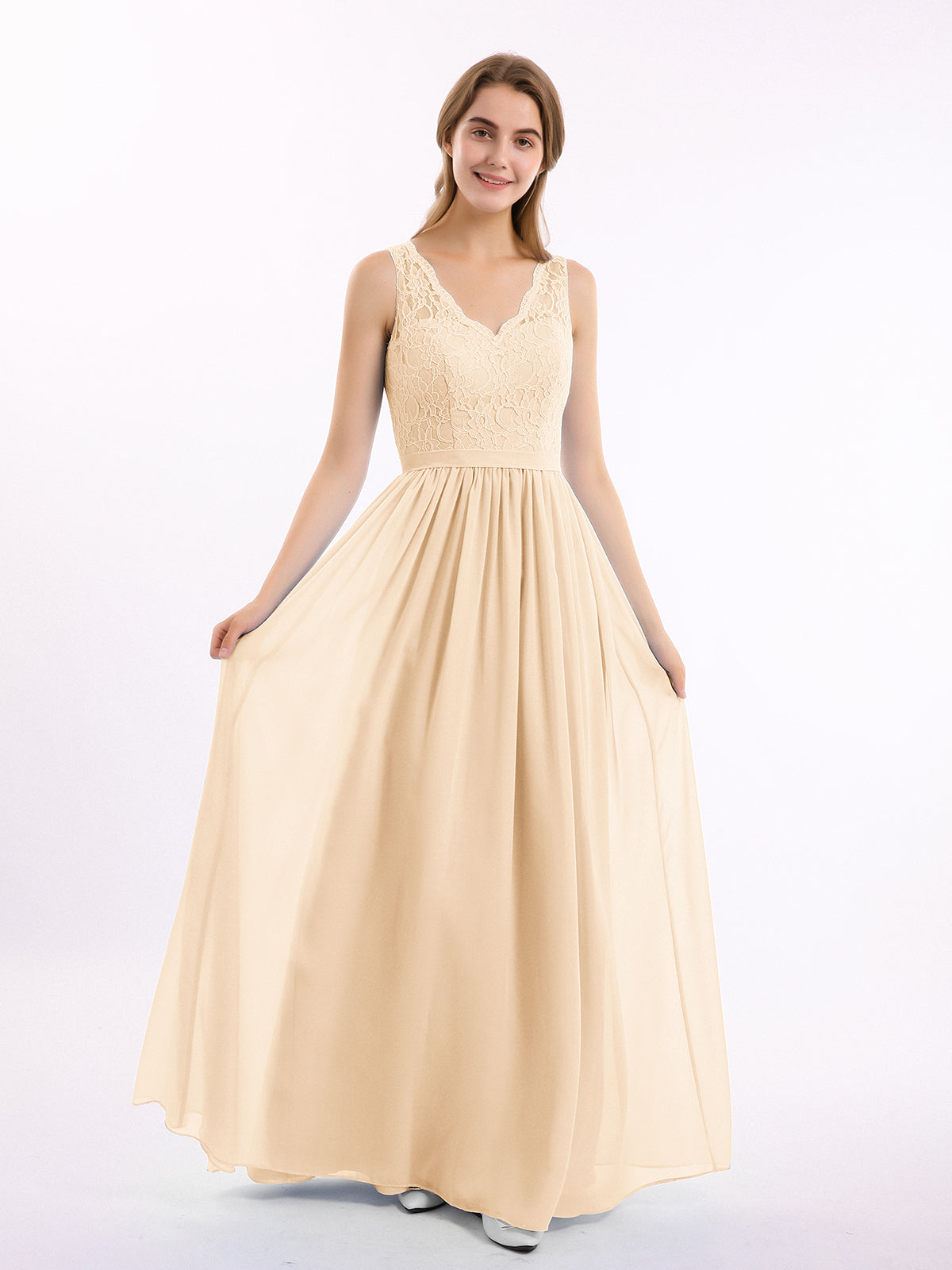 BABARONI Lace Top and Chiffon Bottom Long Dresses Peach, Peach / US0 BABARONI Lace Top and Chiffon Bottom Long Dresses Peach, Peach / US0