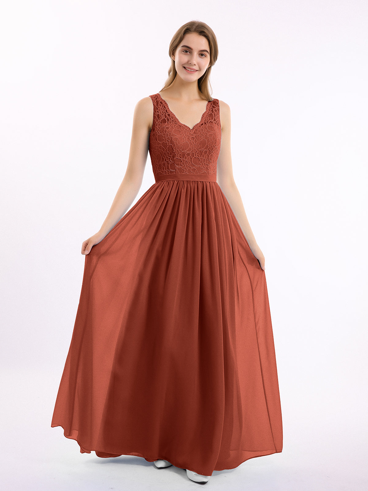 BABARONI Lace Top and Chiffon Bottom Long Dresses Rust, Rust / US0 BABARONI Lace Top and Chiffon Bottom Long Dresses Rust, Rust / US0