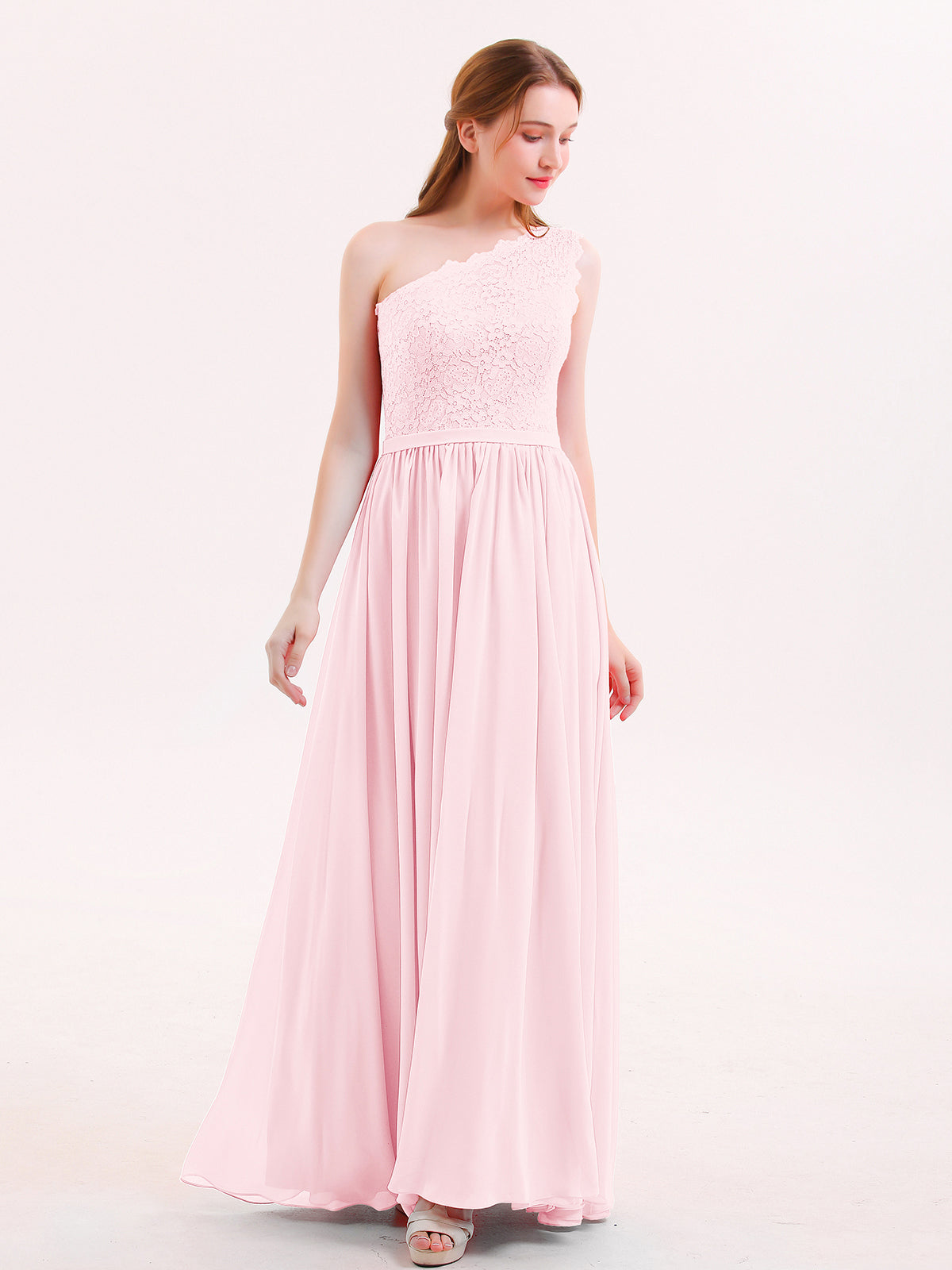 Full-length Spaghetti Strap Off Shoulder Chiffon Gown Blushing Pink Plus Size main image 0