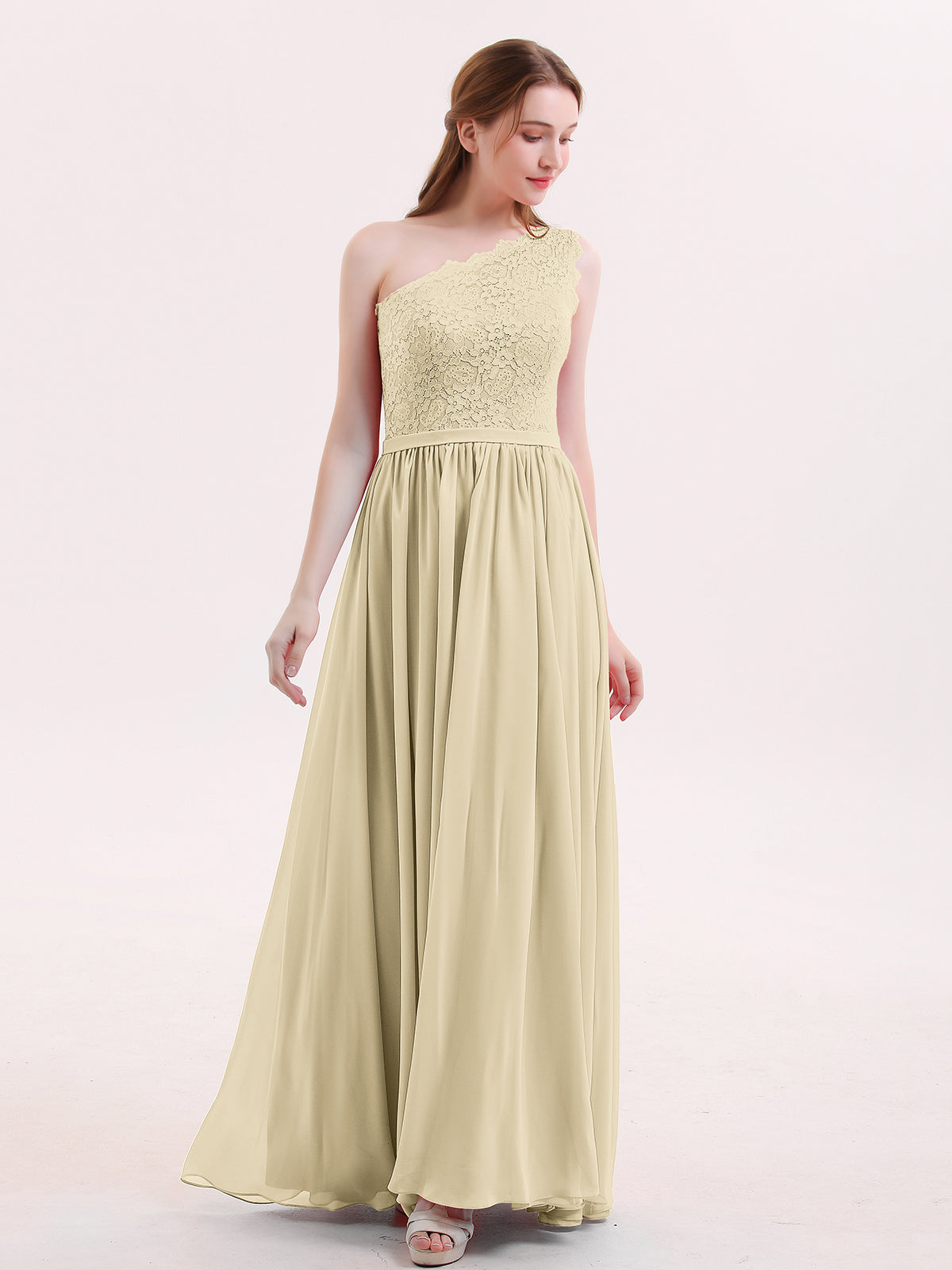 BABARONI One Shoulder Lace and Chiffon Dresses Champagne Plus Size, Champagne / US18
