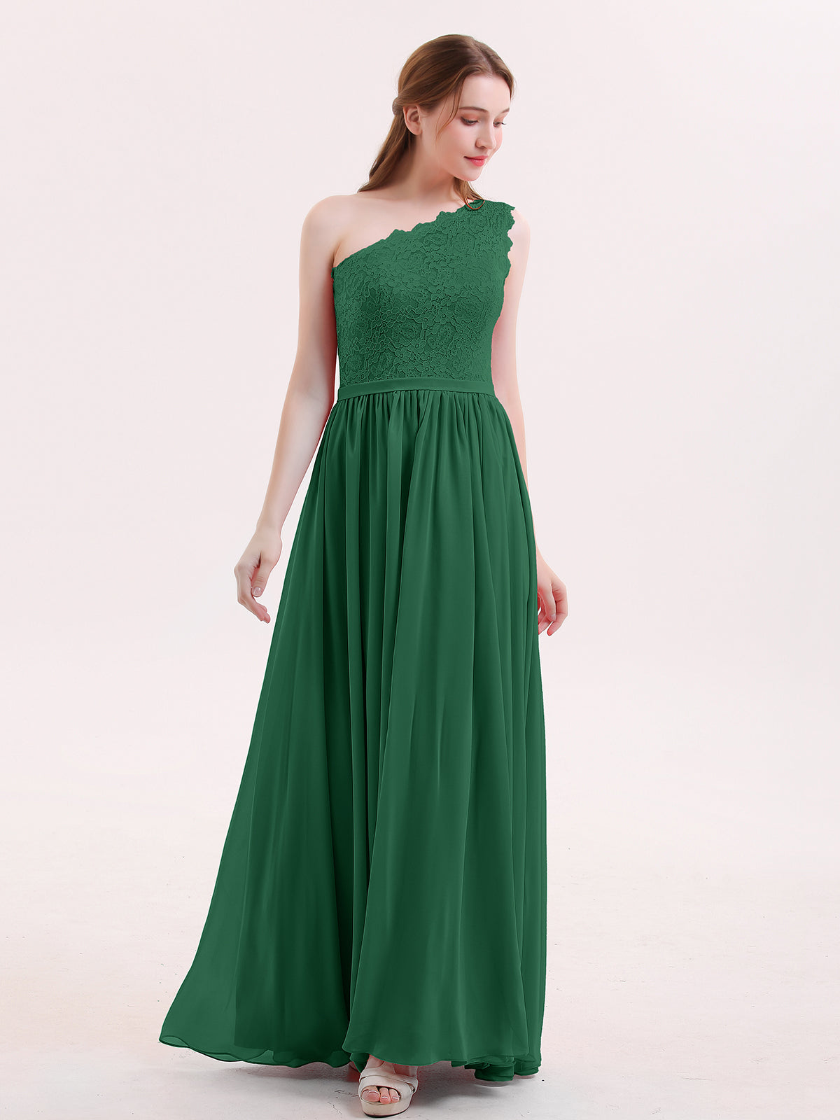 emerald green one shoulder maxi dress Emerald Green A-line Formal Dress One Shoulder Long Sleeve Prom Pagean –  Viniodress main image 0