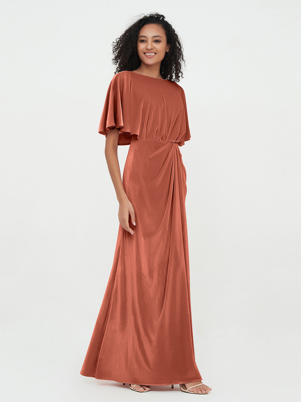 Flutter Sleeves V-Neck Velvet Dress With Slit Dusty Rose Plus Size main image 1